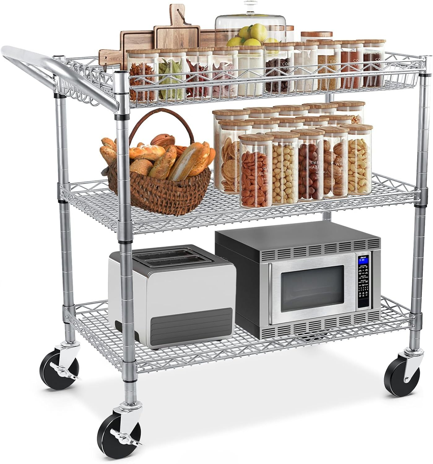 Heavy Duty Chrome 3-Tier Rolling Utility Cart with Handle