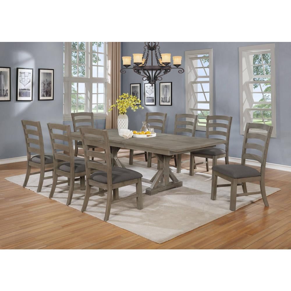 9-Piece Rustic Gray Wood Dining Set with Gray Fabric Chairs