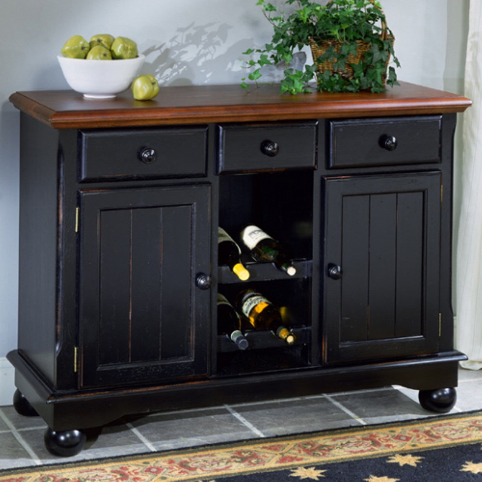 Transitional Black and Brown Solid Rubberwood Sideboard with Wine Storage