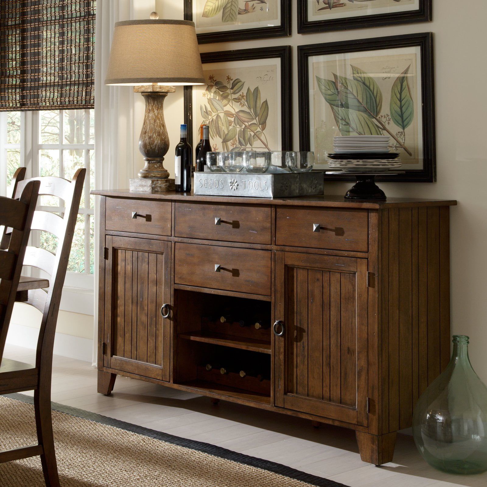 Rustic Amber Transitional 66" Solid Hardwood Sideboard with Wine Storage