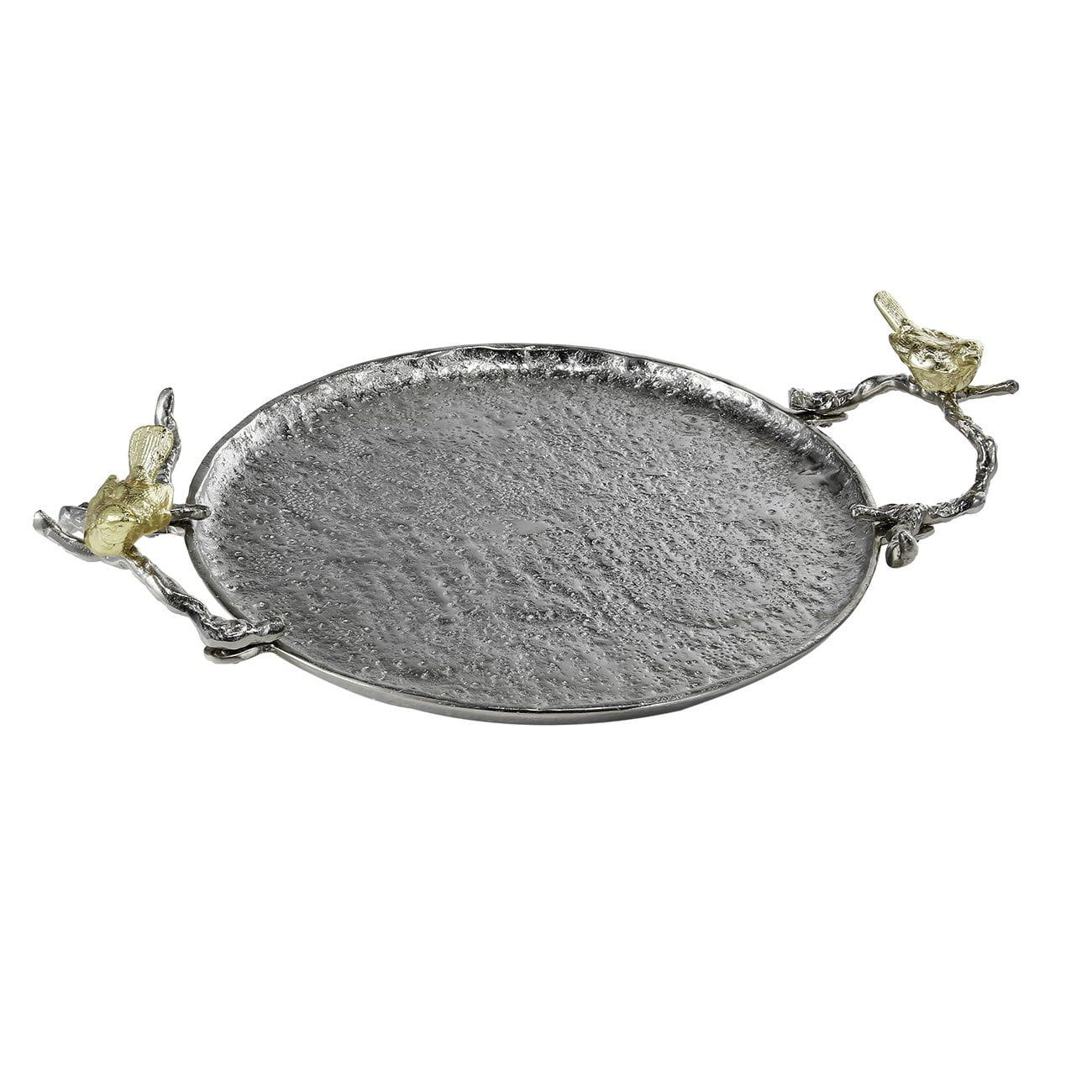 Round Silver Aluminum Serving Tray with Gold Bird Handles