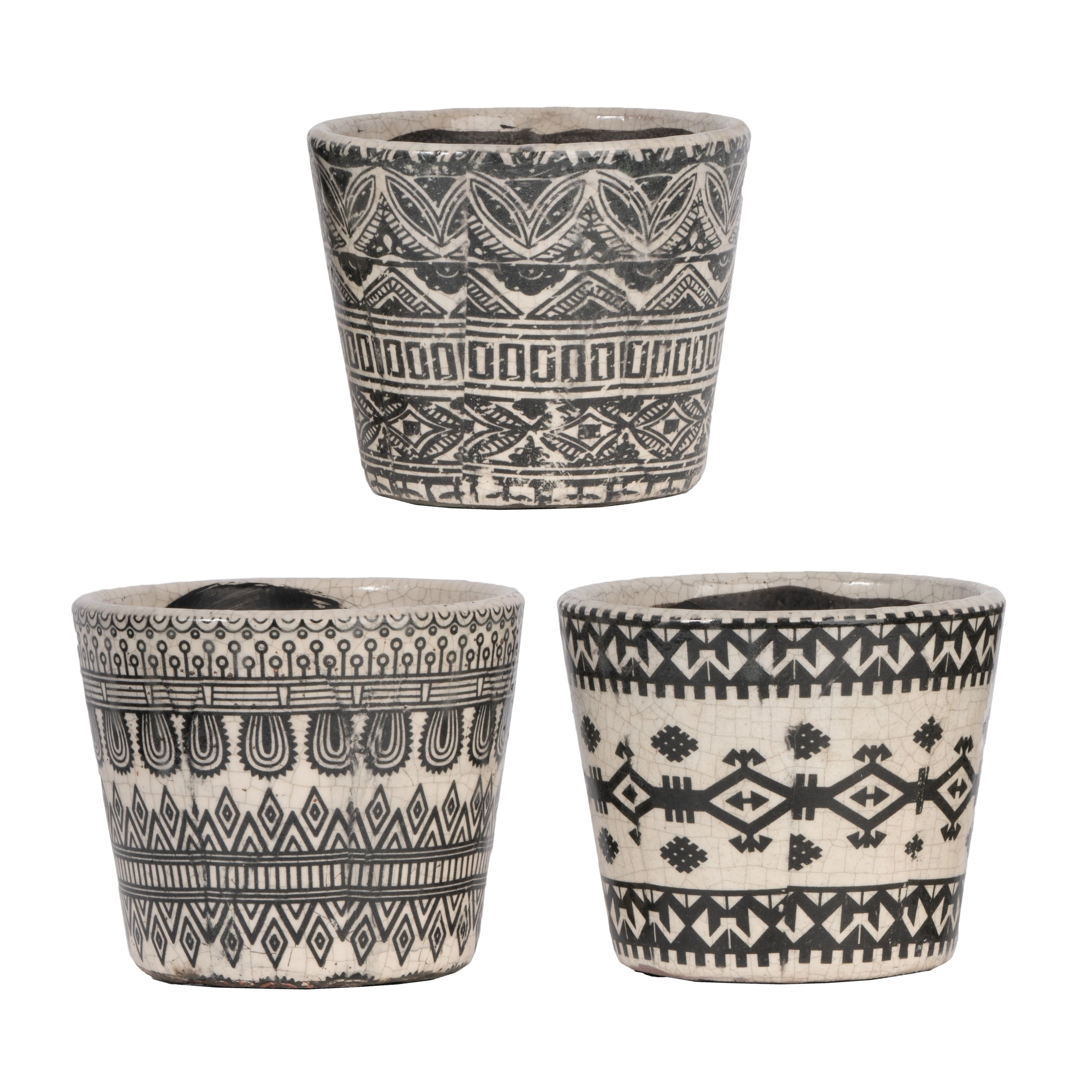 Black and White Crackled Terracotta Patterned Planters Set