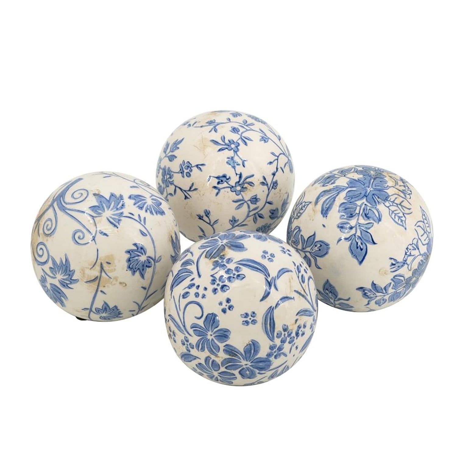 Blue and White Floral Ceramic Decorative Balls Set of 4