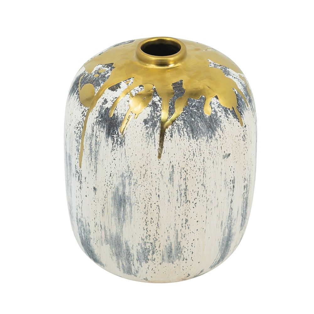 Ivory Distressed Ceramic Vase with Gold Accent, 6.3" x 7.9"