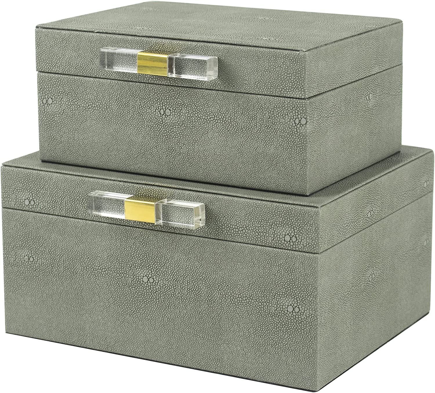 Gray Faux Shagreen Decorative Boxes with Gold Hardware