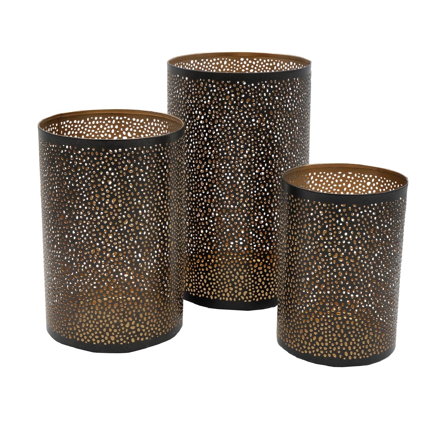 Set of 3 Black and Gold Cylindrical Metal Hurricane Candleholders