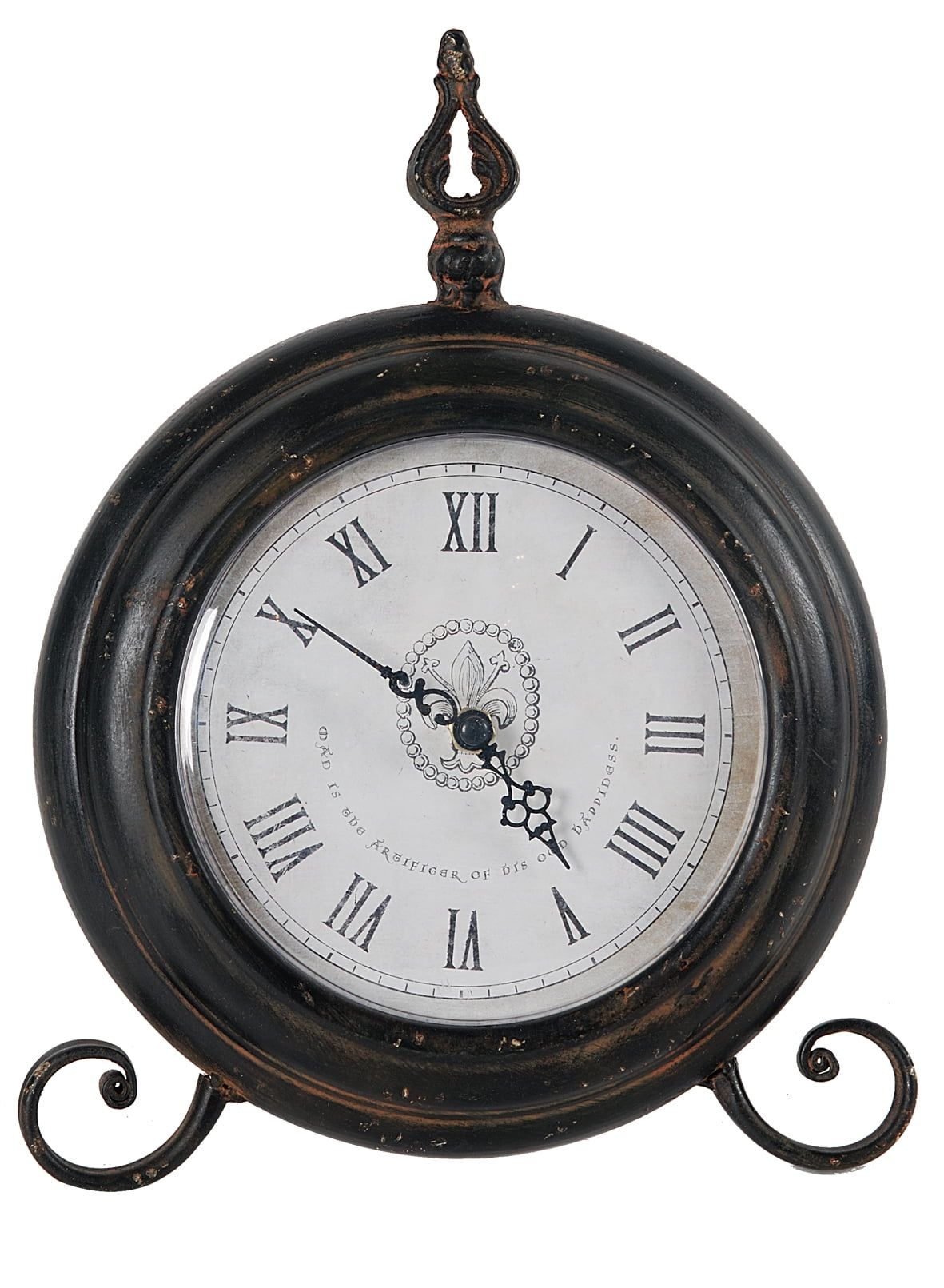 Antique Black Metal and Glass Round Table Clock