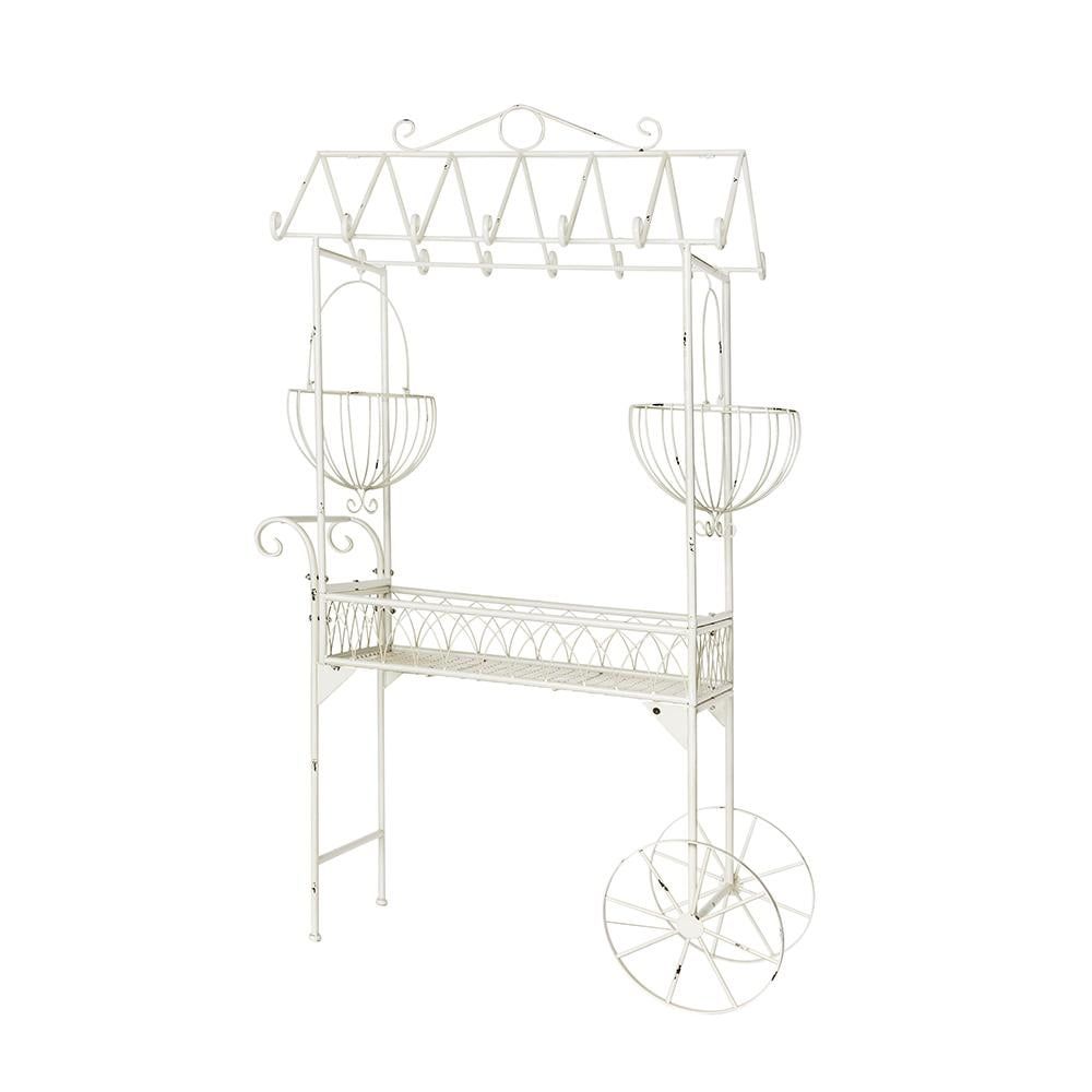 White Weathered Iron Flower Cart Plant Stand with Baskets