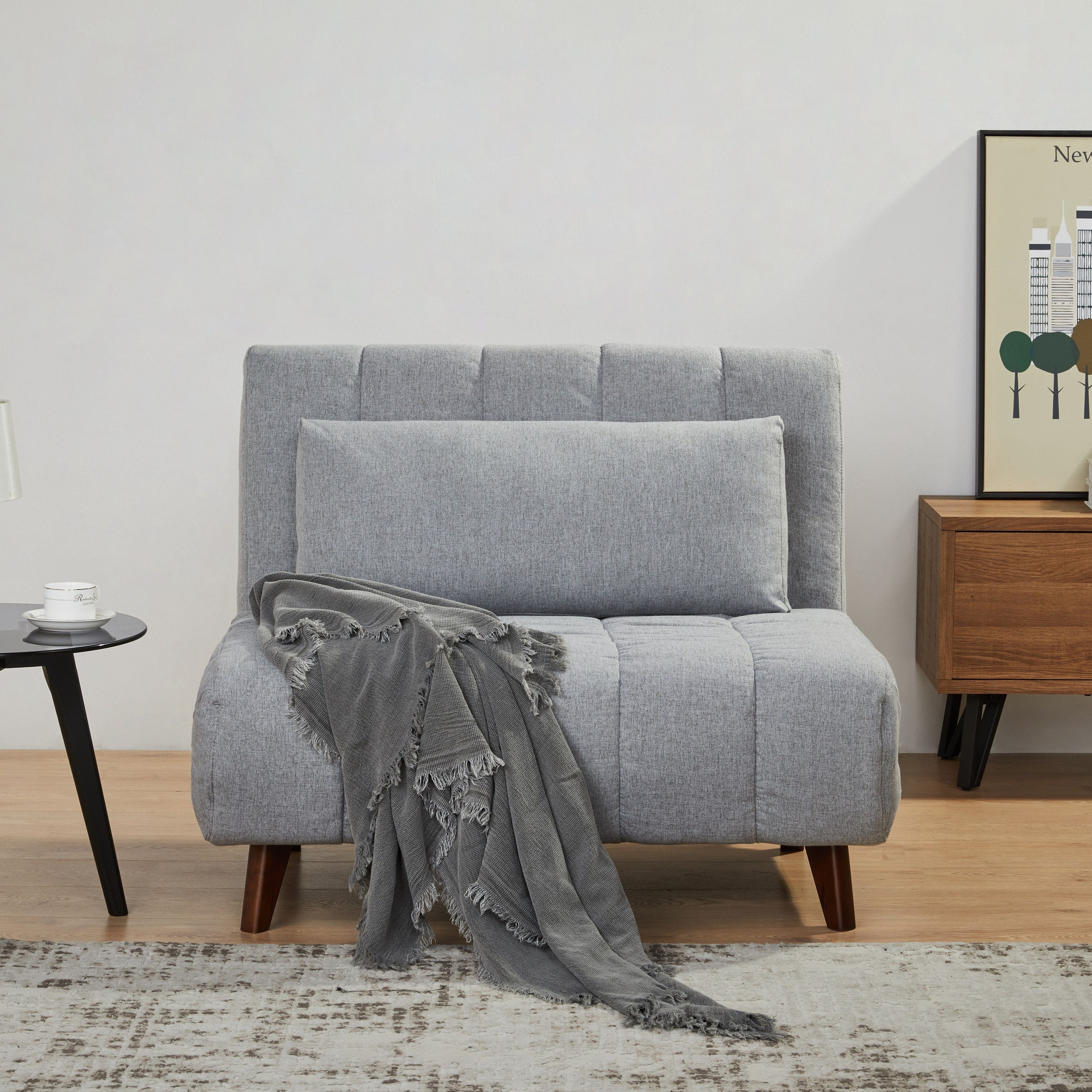 Dark Gray Wood Convertible Futon Chair with Pillow