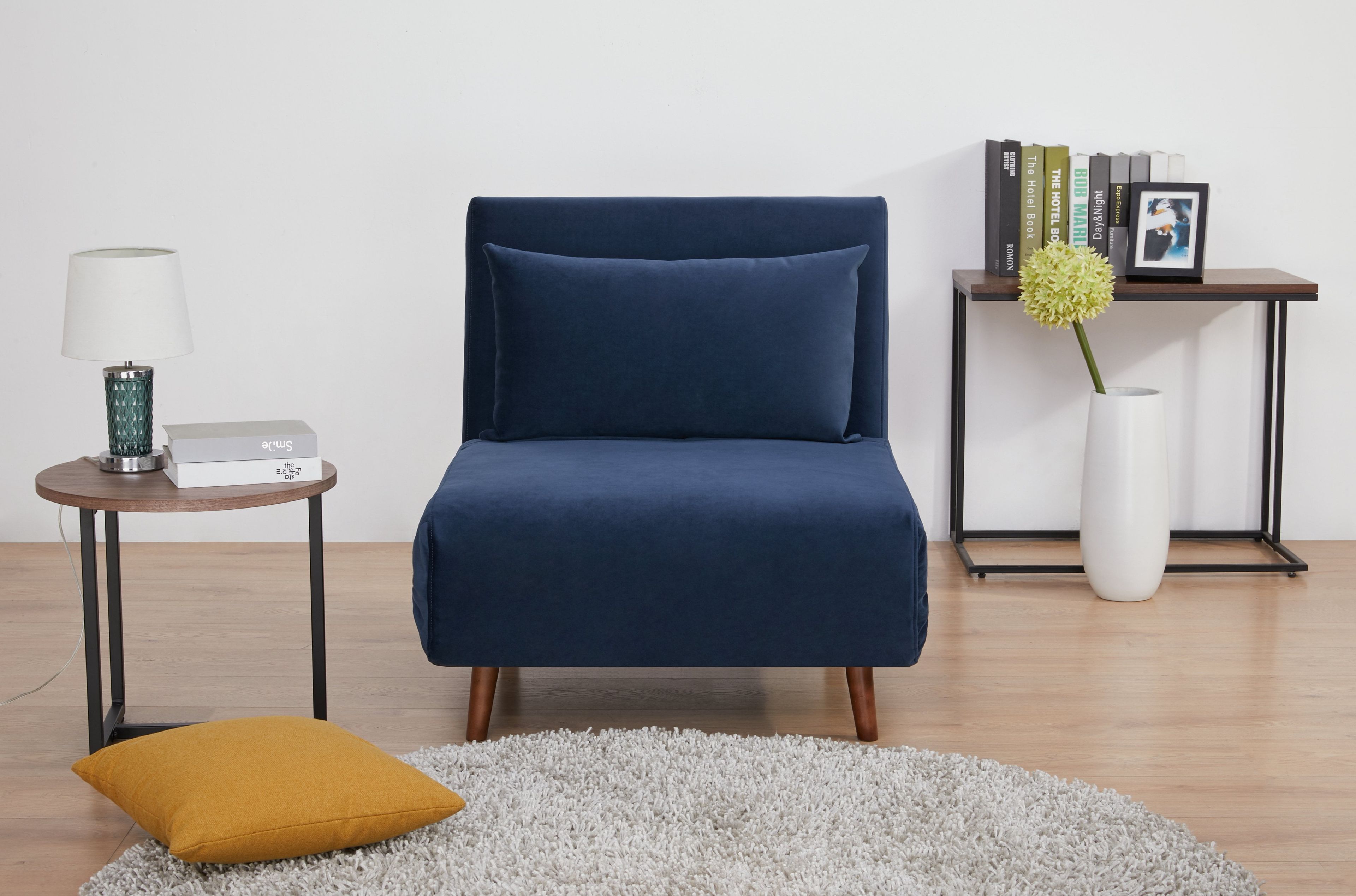 Blue Velvet Convertible Futon Chair with Wood Legs