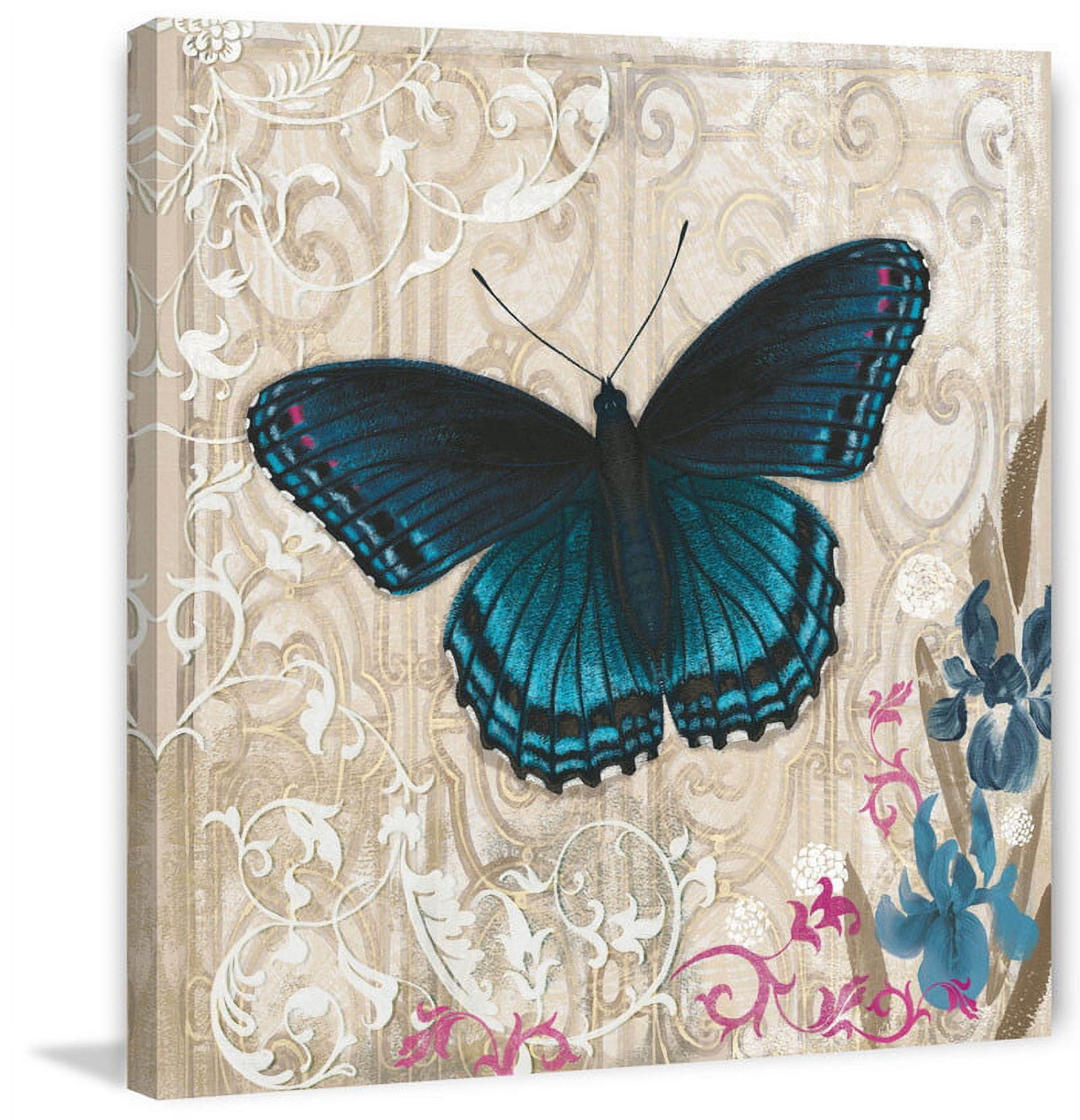 Blue Butterfly on Beige Canvas with Floral Accents
