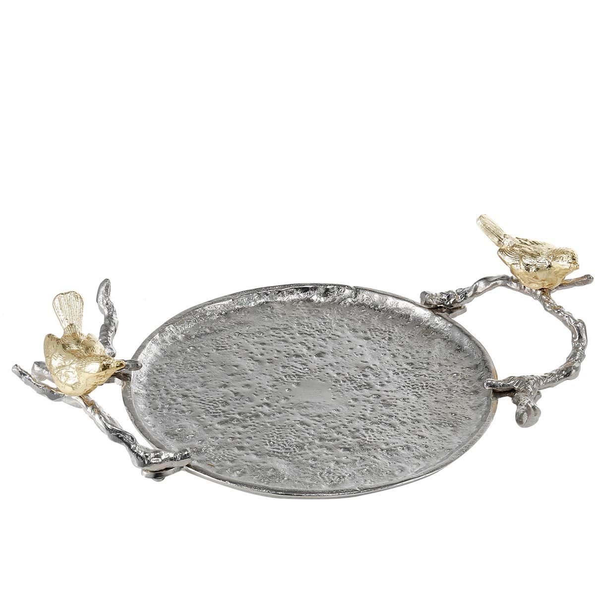 Silver Aluminum Serving Tray with Gold Bird Handles