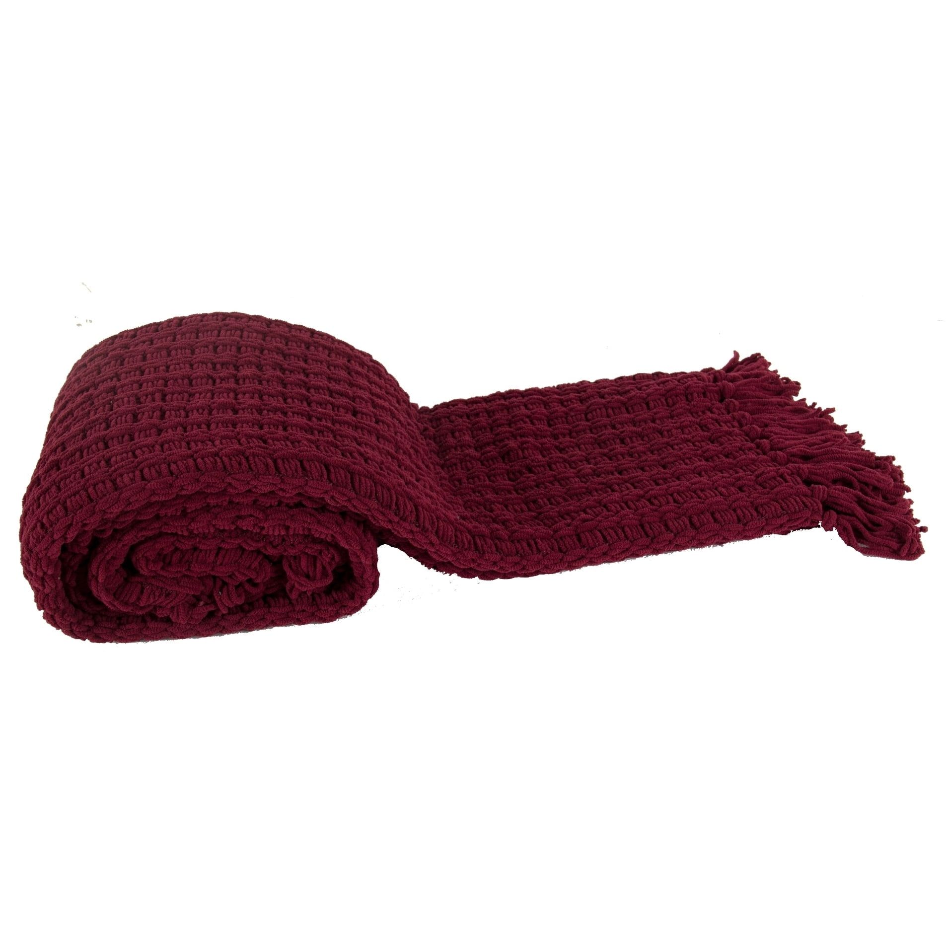 Burgundy Knitted Basketweave Throw Blanket with Fringed Edge