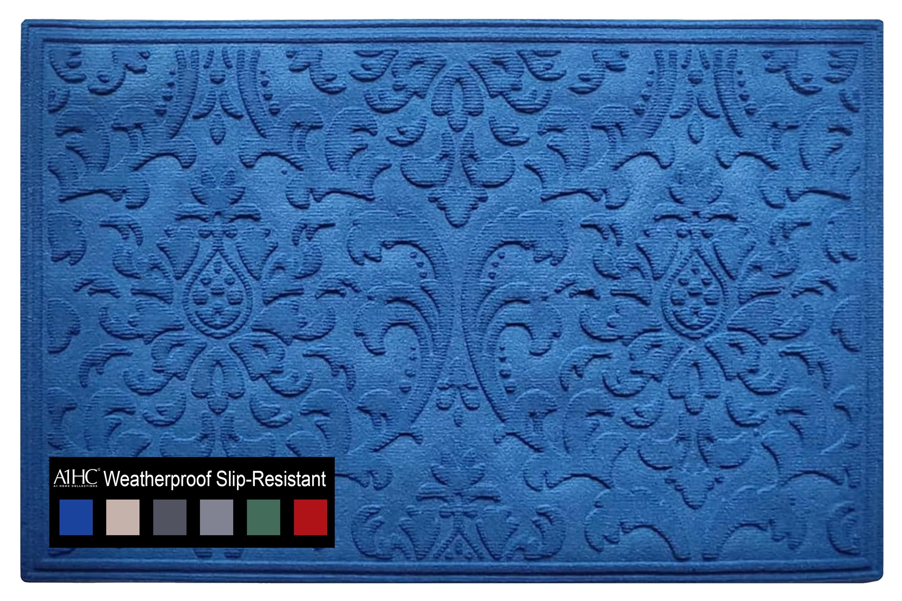 Blue Floral Rubber Outdoor Weatherproof Slip-Resistant Door Mat