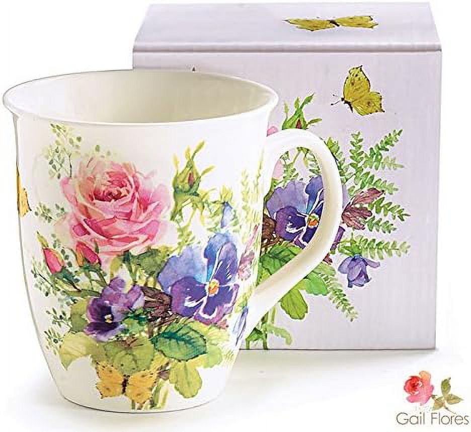 White Floral Ceramic Mug with Handle, 16 oz