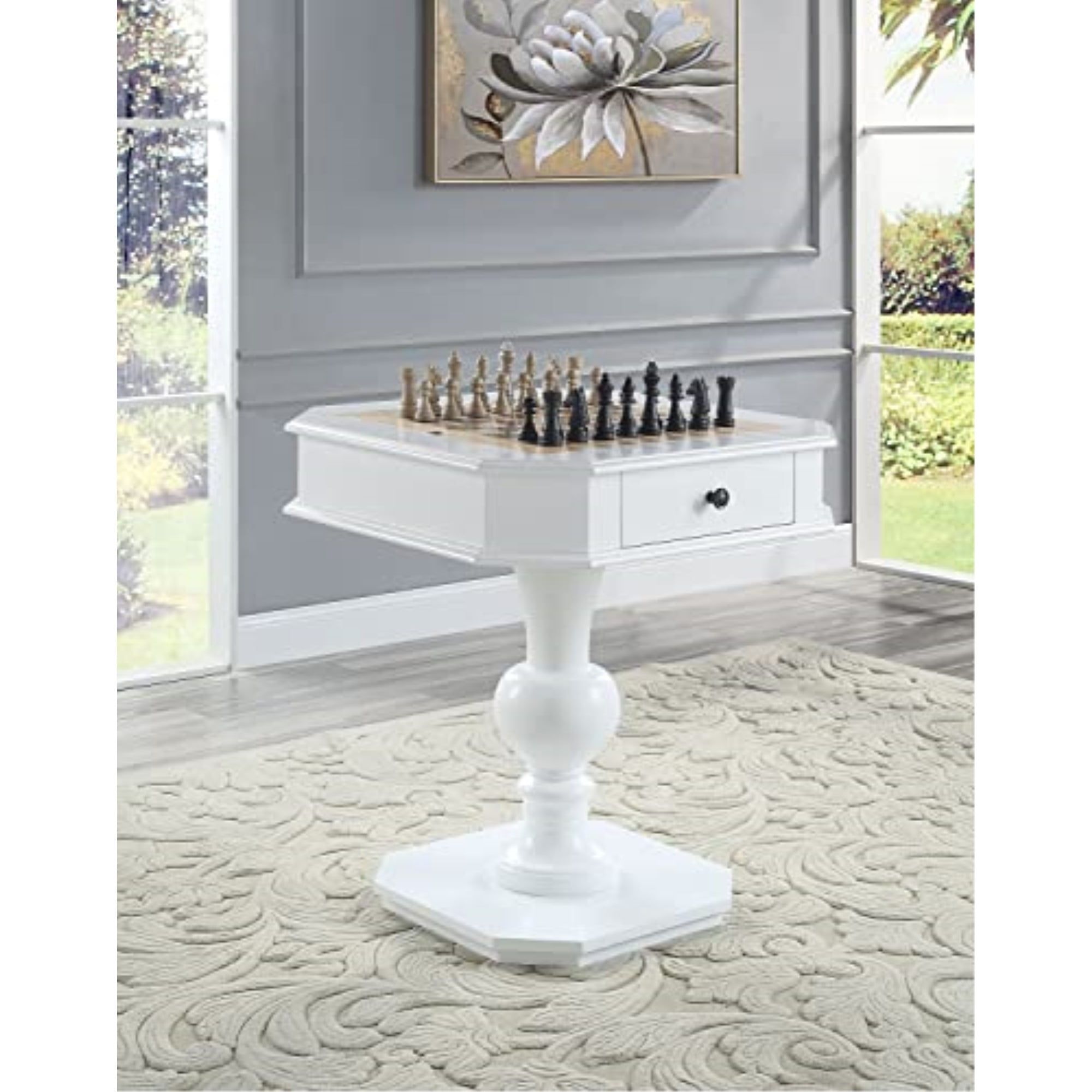 White Square Wood Game Table with Pedestal Base