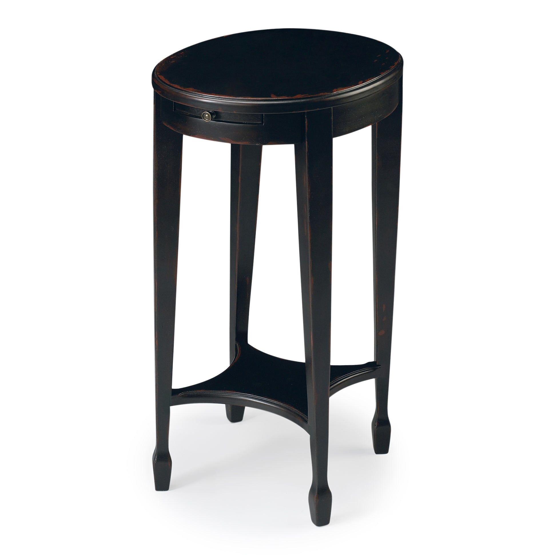 Elegant Plum Black Round Wood & Metal Accent Table with Shelf
