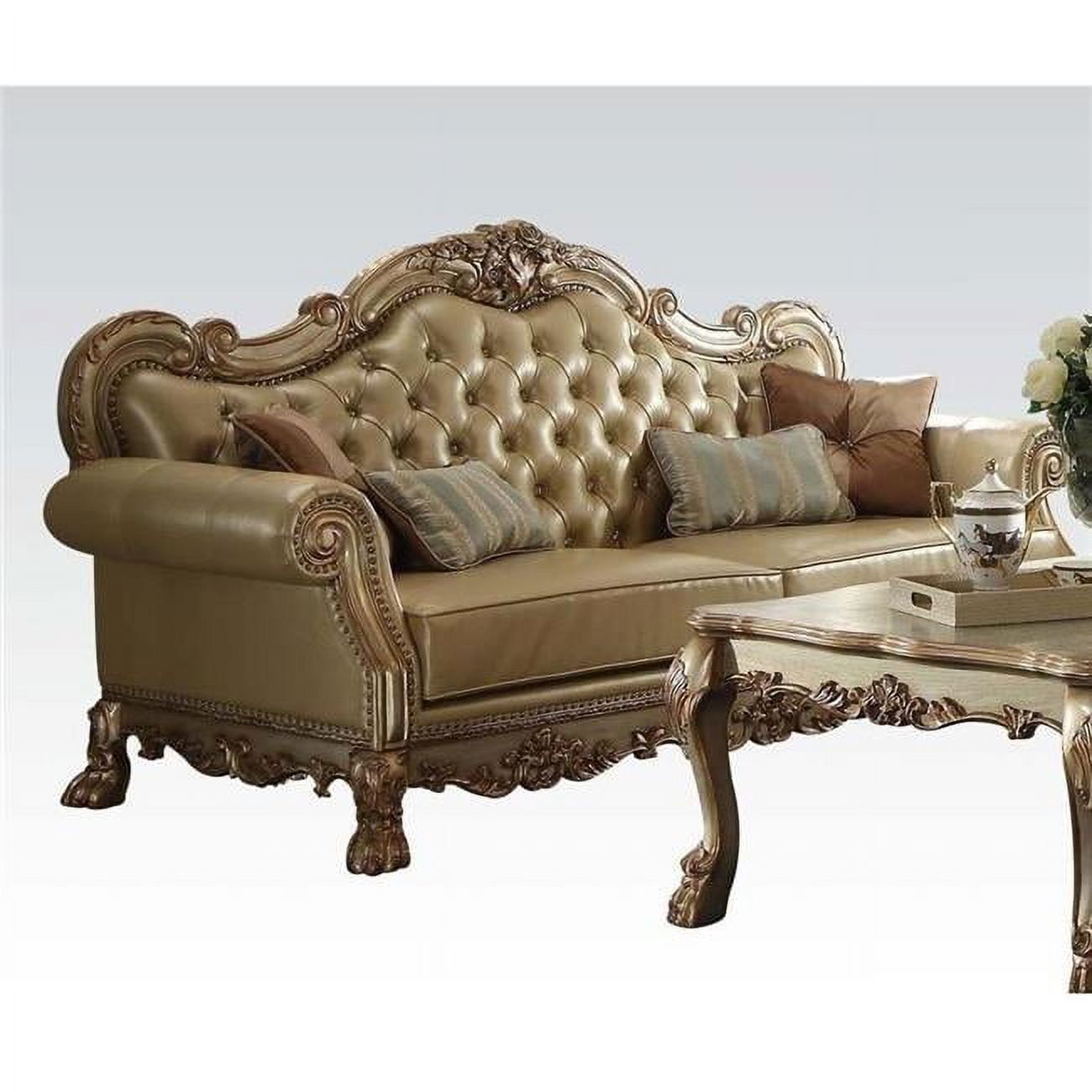 Bone PU and Gold Patina Tufted Sofa with Rolled Arms