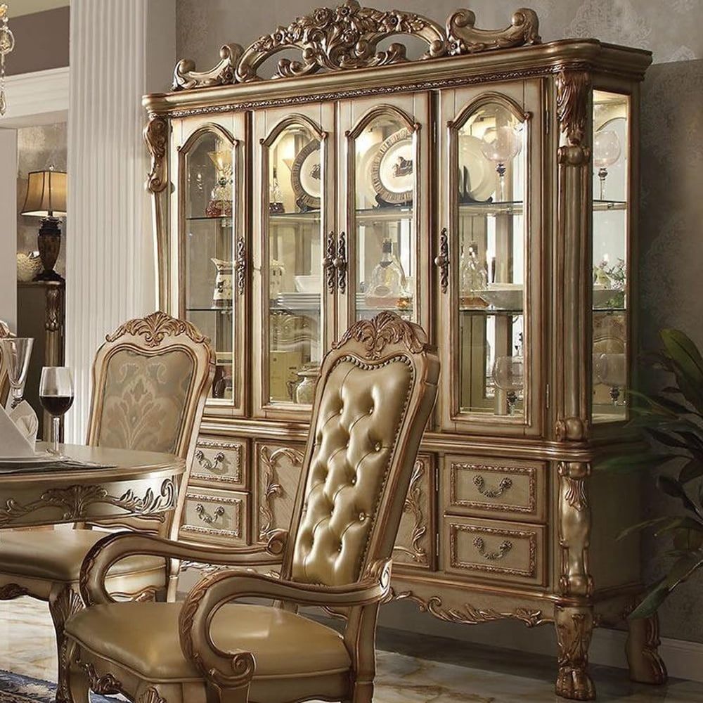 Gold Patina and Bone Lighted China Cabinet with Glass Shelves