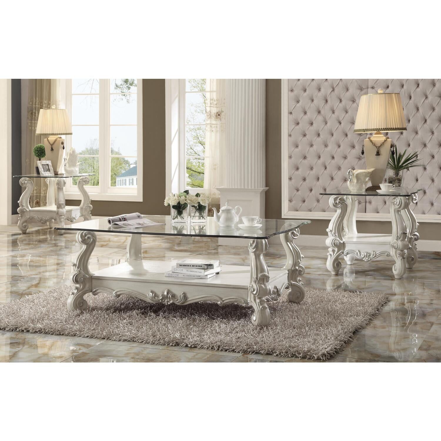 Grandiose Bone White & Clear Glass Traditional Coffee Table