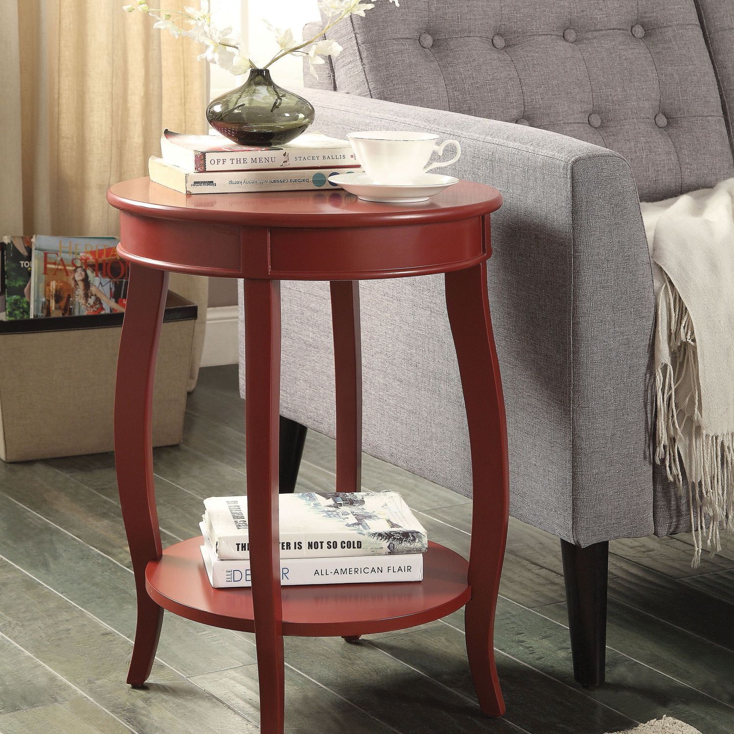 Aberta Round Red Wooden Side Table with Cabriole Leg and Shelf