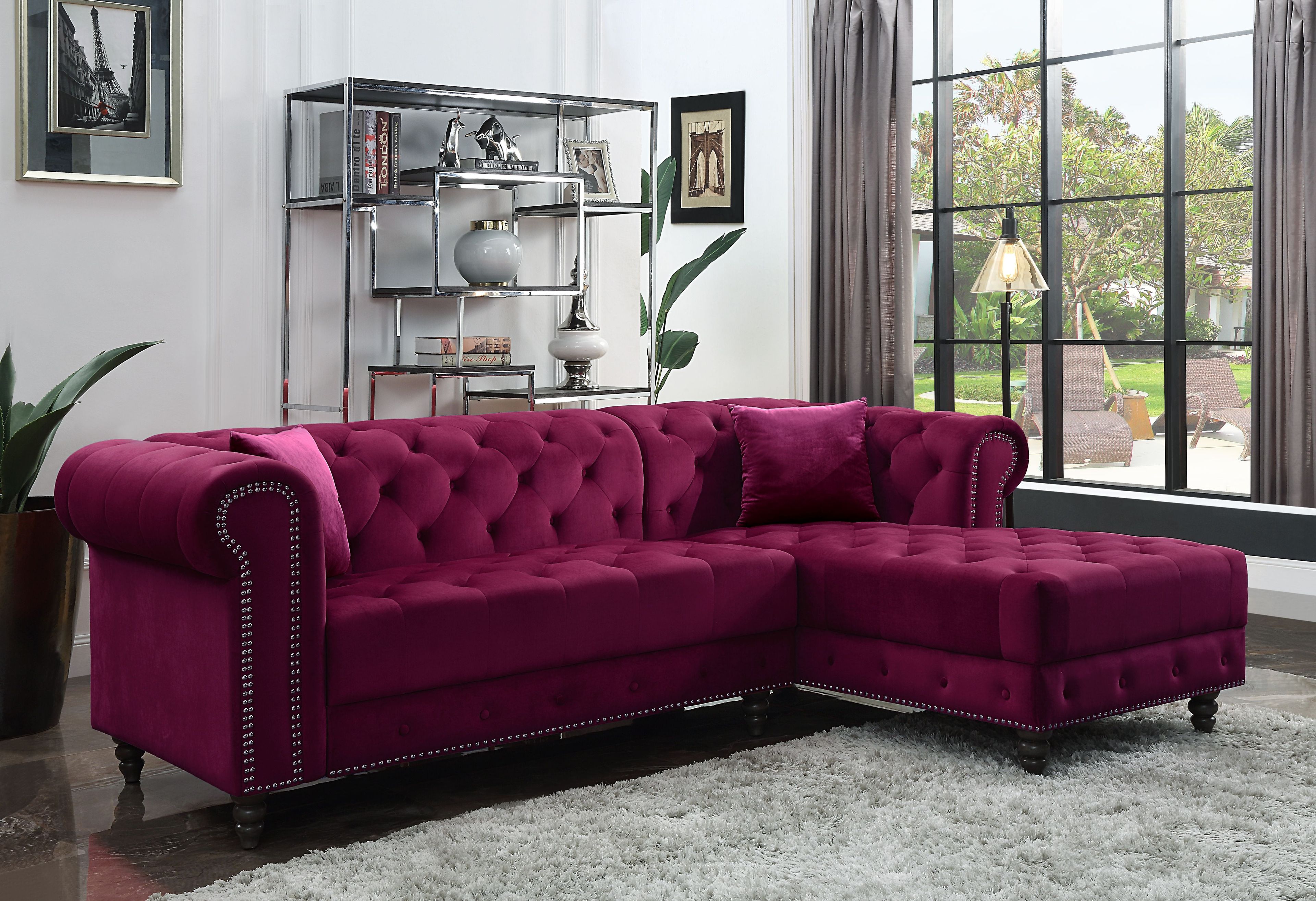 Red Velvet Tufted Two-Piece Sectional Sofa with Nailhead Trim