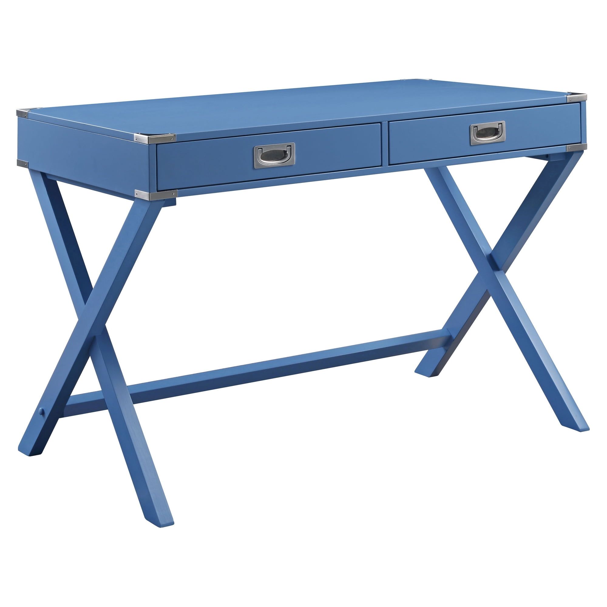 Amenia Blue Finish Rectangular Writing Desk with X-Shaped Base and Metal Accents