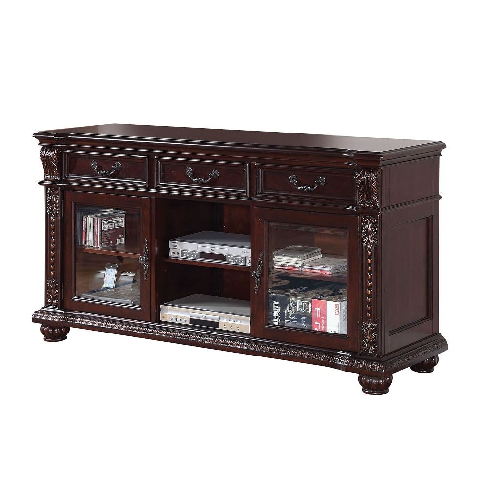 Cherry Finish Elegance 66" Wooden TV Stand with Glass Doors