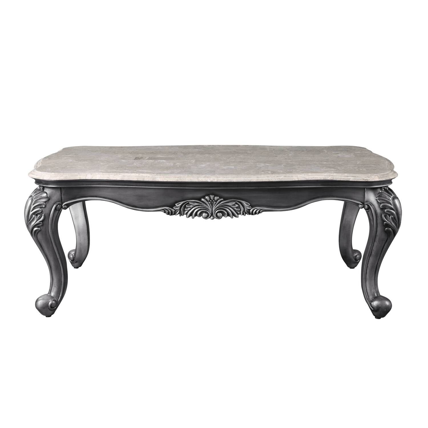 Platinum Gray Rectangular Marble Top Wooden Coffee Table