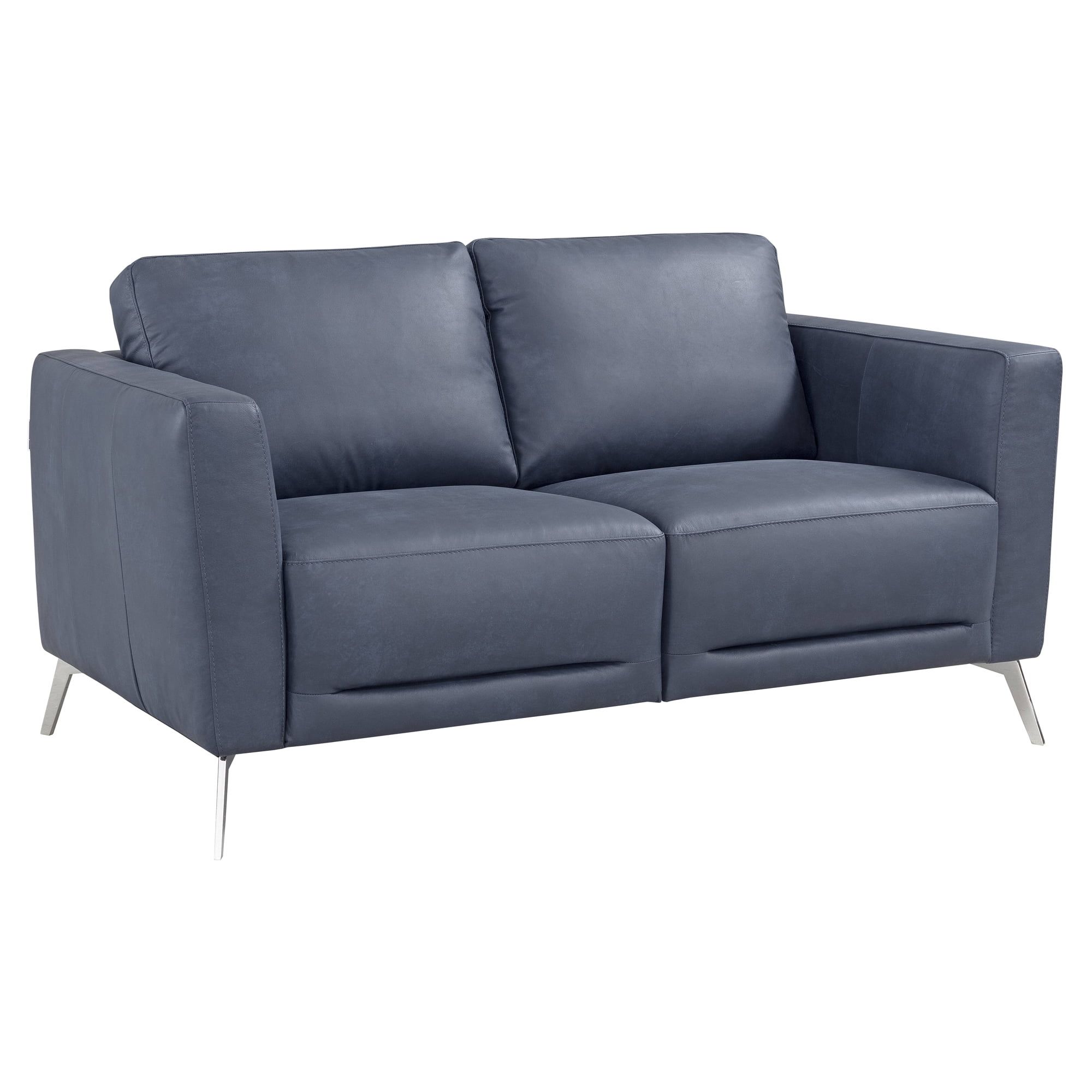 Serene Blue Leather Loveseat with Pillow-Top Arms and Wood Frame