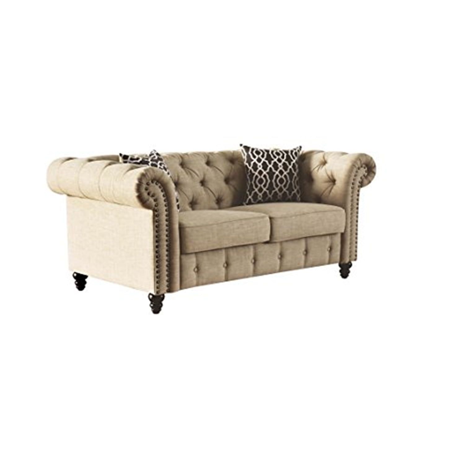 Beige Linen Tufted Loveseat with Nailhead Trim