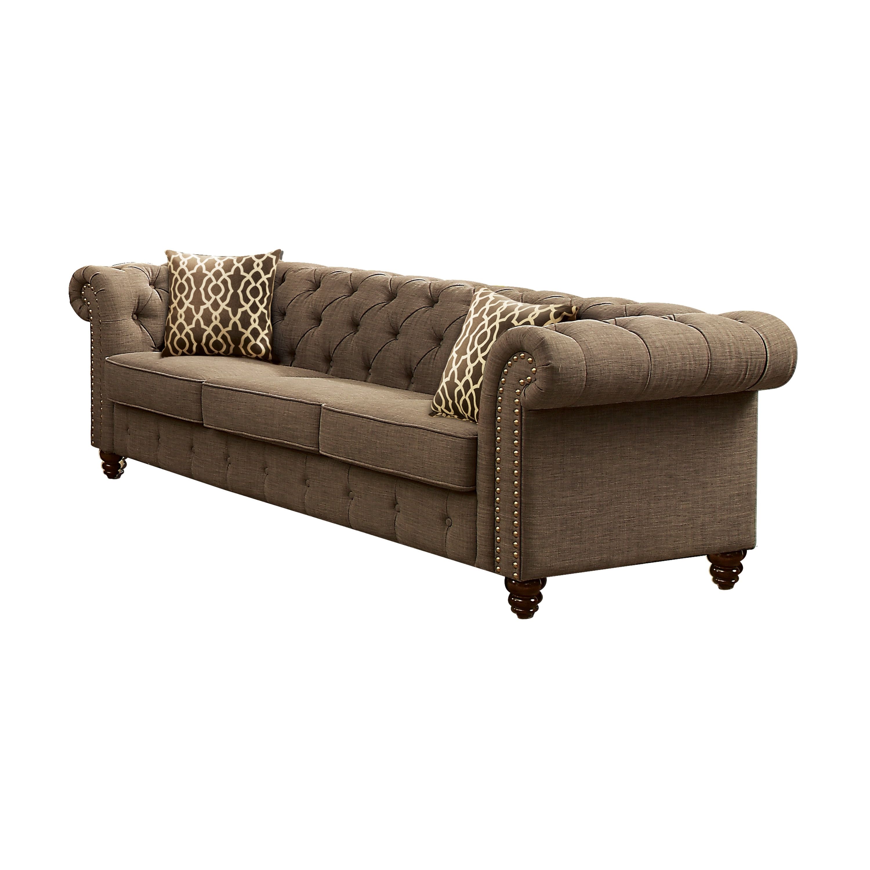 Aurelia Brown Tufted Linen Sofa with Rolled Arms