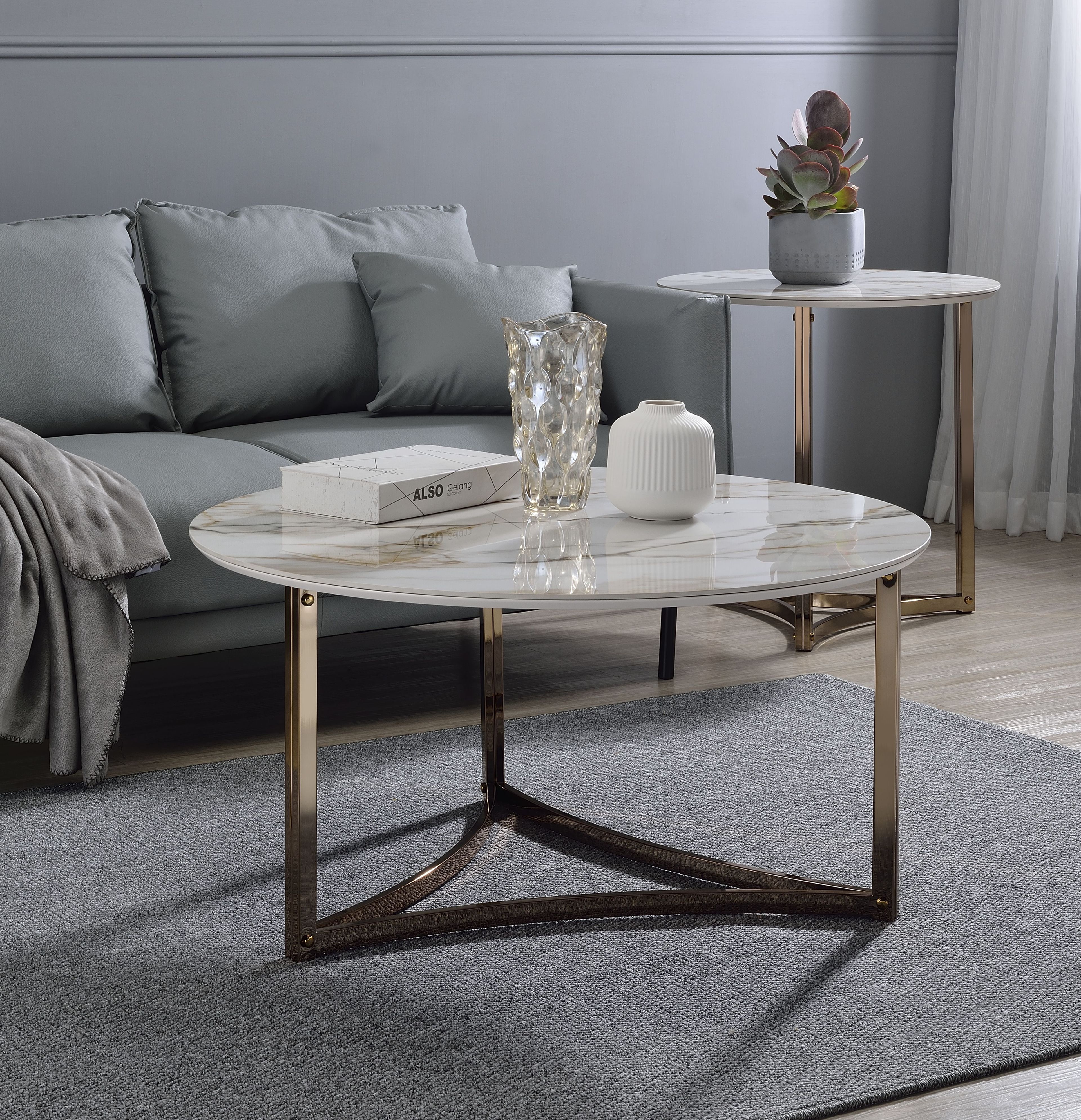 Aziz Round Sintered Stone Top Coffee Table with Champagne Metal Frame