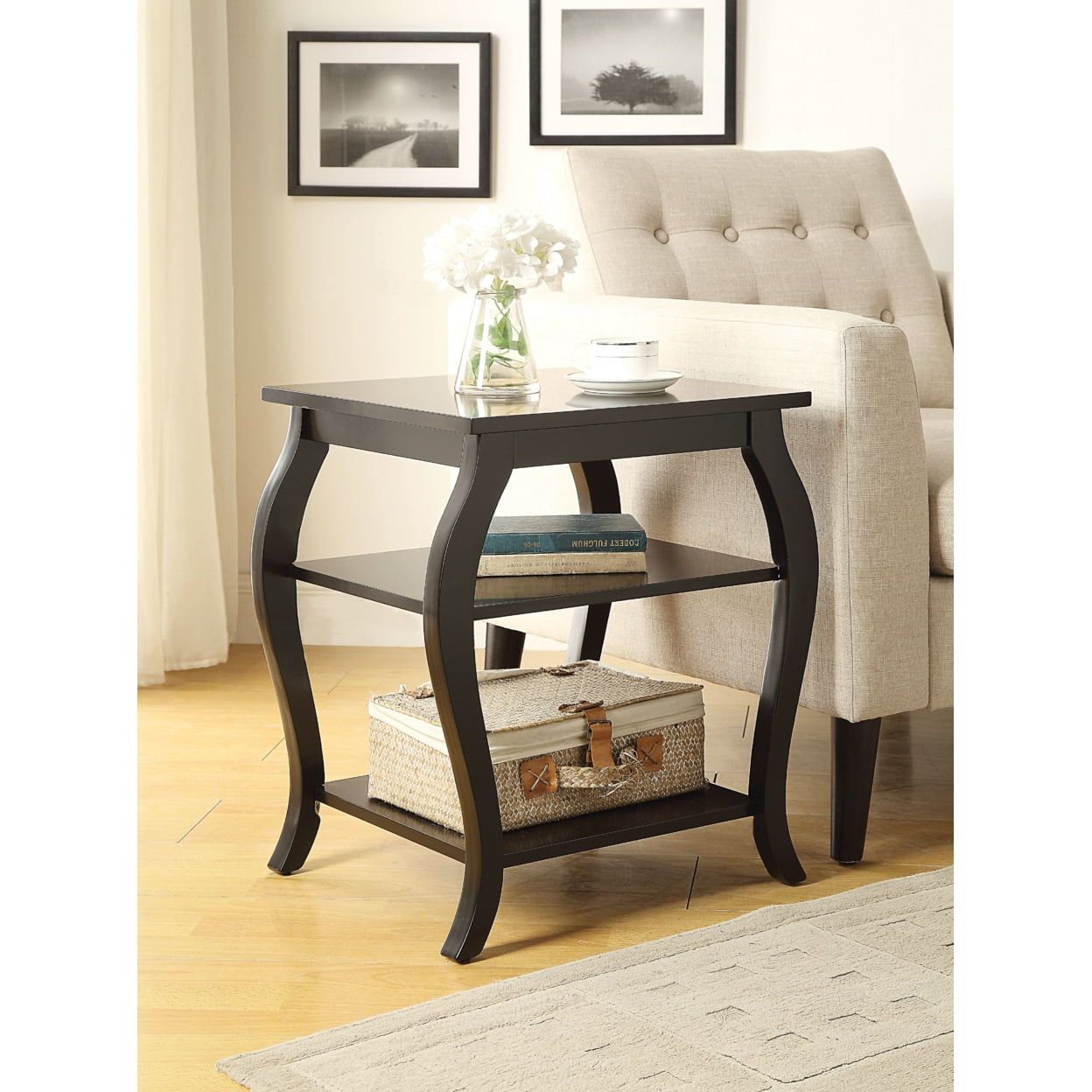 Black Wooden End Table with Two Shelves