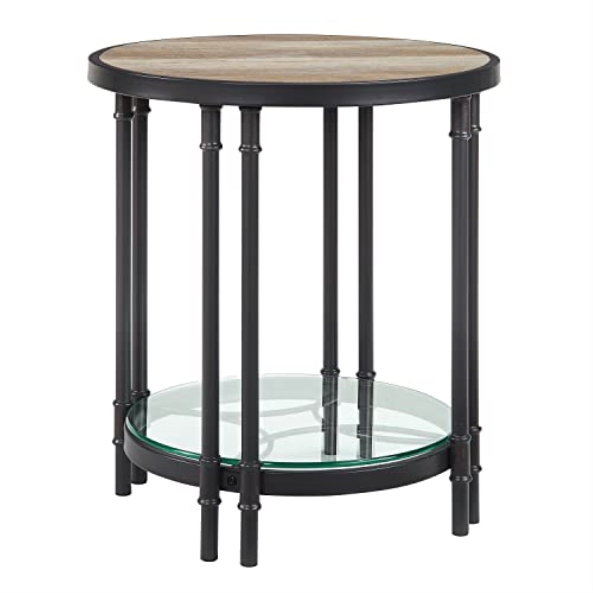 Modern Farmhouse Round Oak & Sandy Black End Table with Glass Shelf