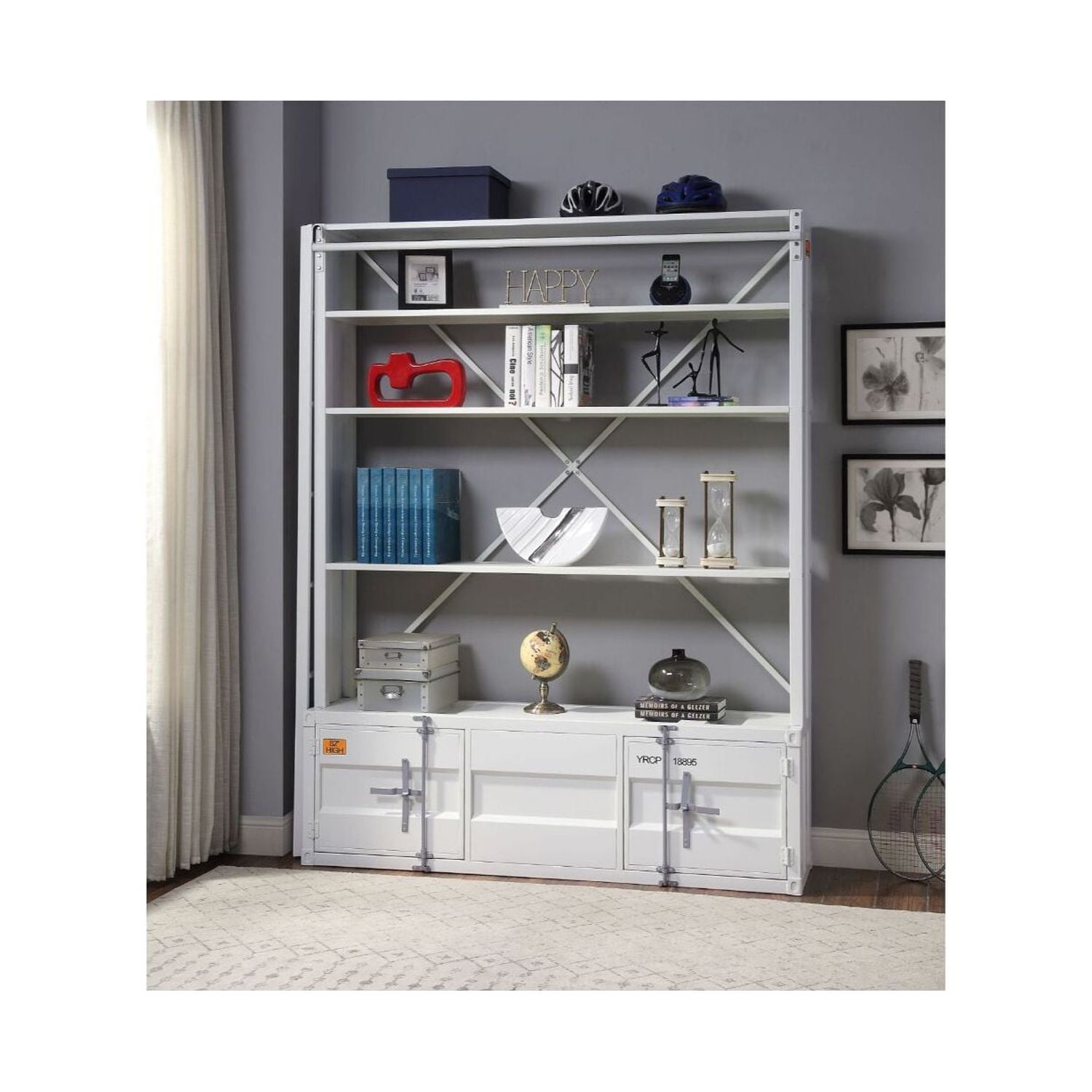 Cargo 85'' White Metal Bookshelf with Ladder & Doors for Kids