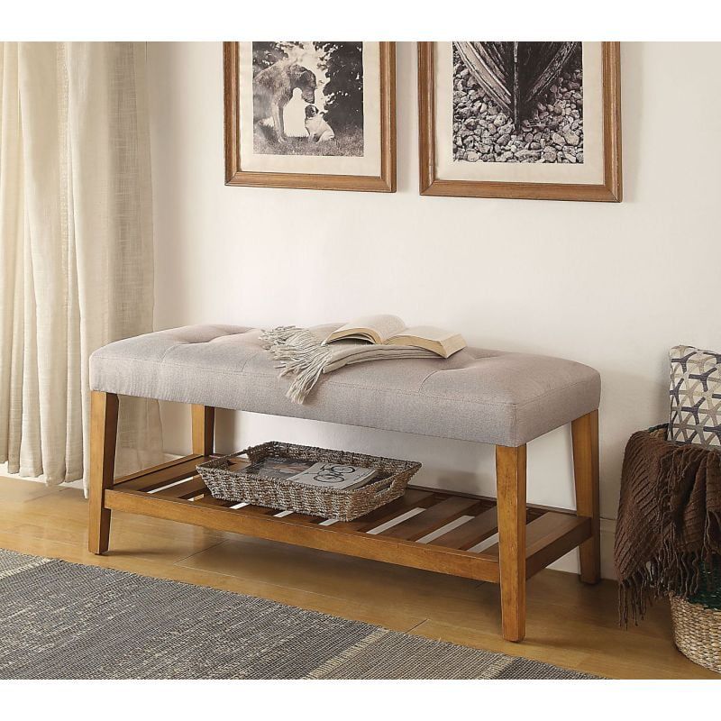 Charla Light Gray Oak 40" Tufted Storage Bench with Slatted Shelf