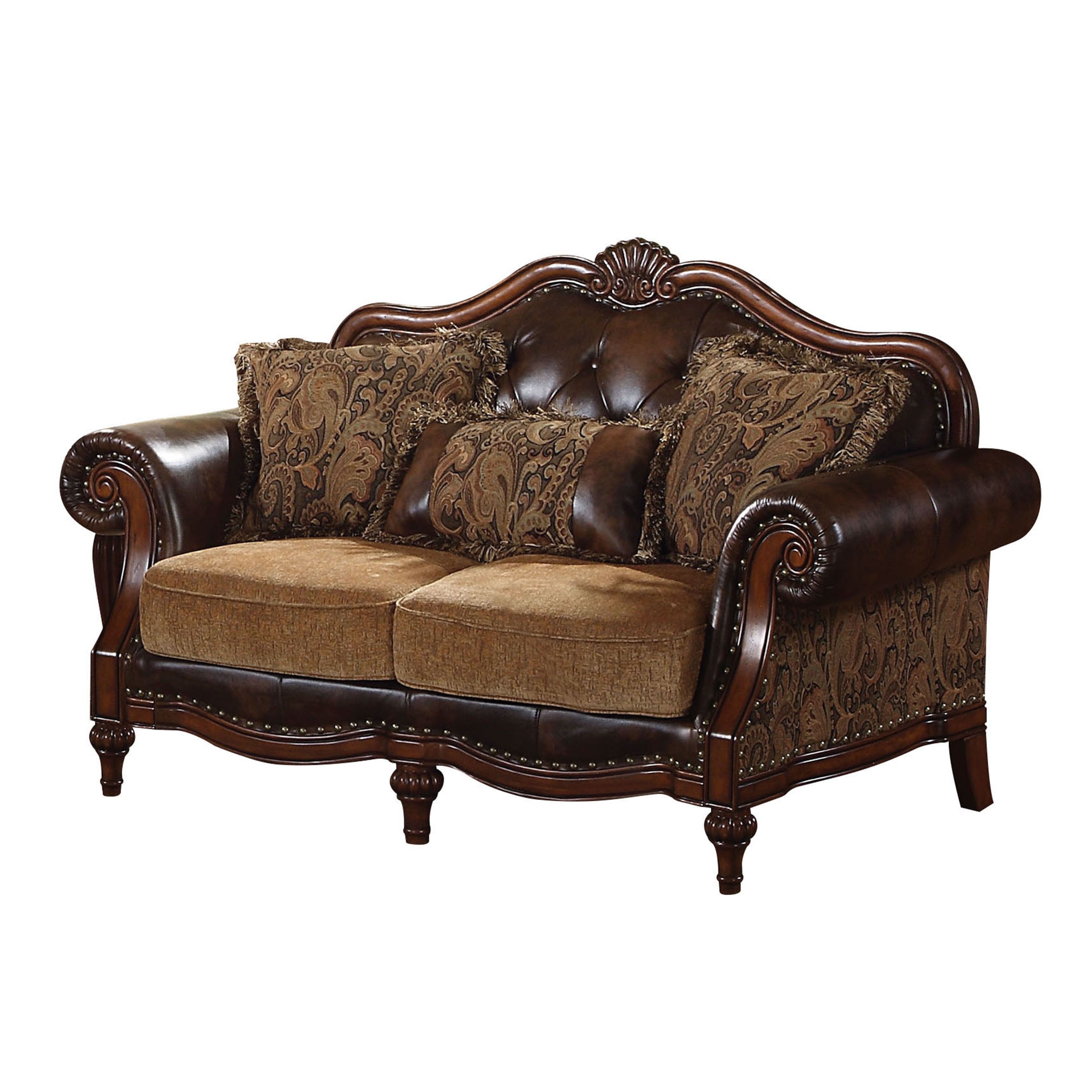 Dreena Brown Faux Leather Tufted Loveseat with Pillows