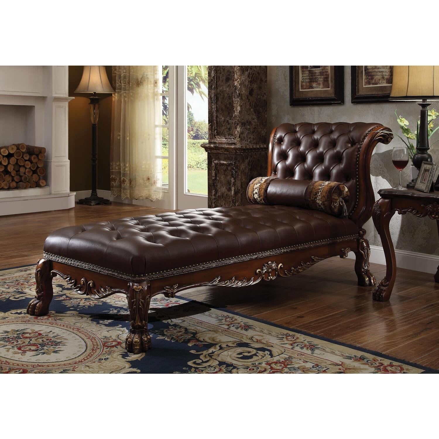 Dresden Cherry Oak Handcrafted Faux Leather Chaise with Pillow