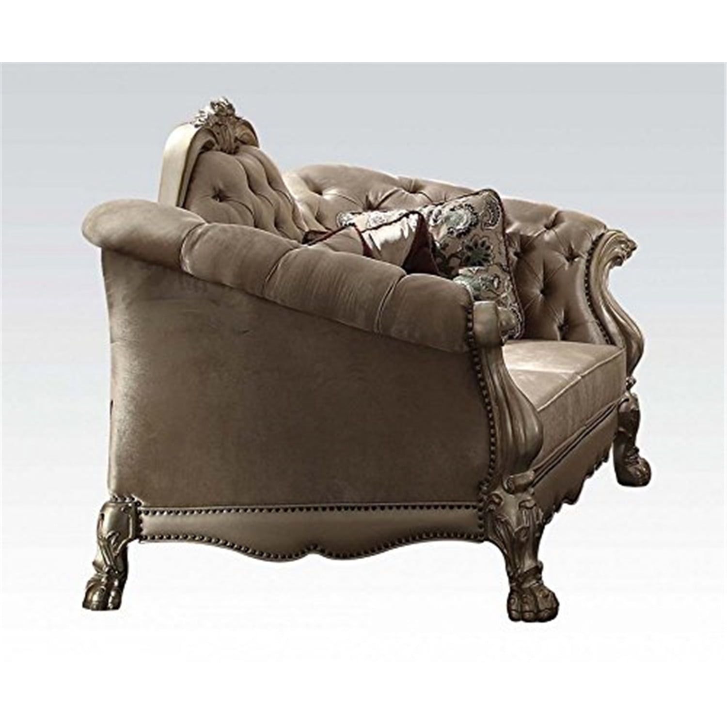 Bone Velvet and Gold Patina Tufted Loveseat with Nailhead Trim