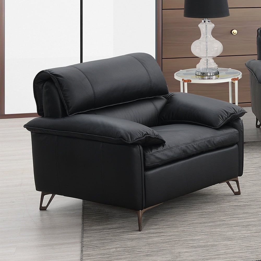 Black Top Grain Leather and Wood Accent Chair