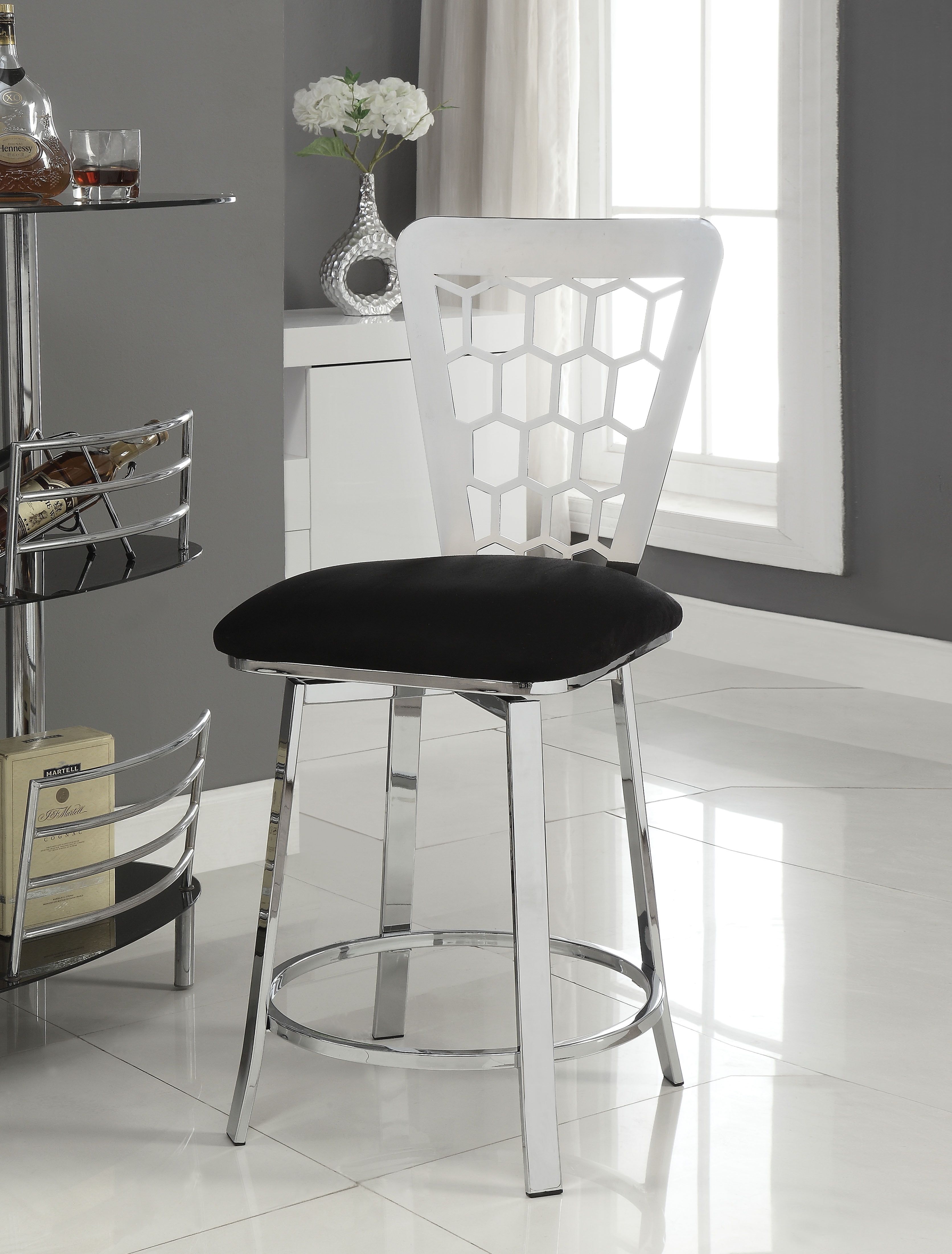 Black Microfiber and Chrome Swivel Counter Height Chair