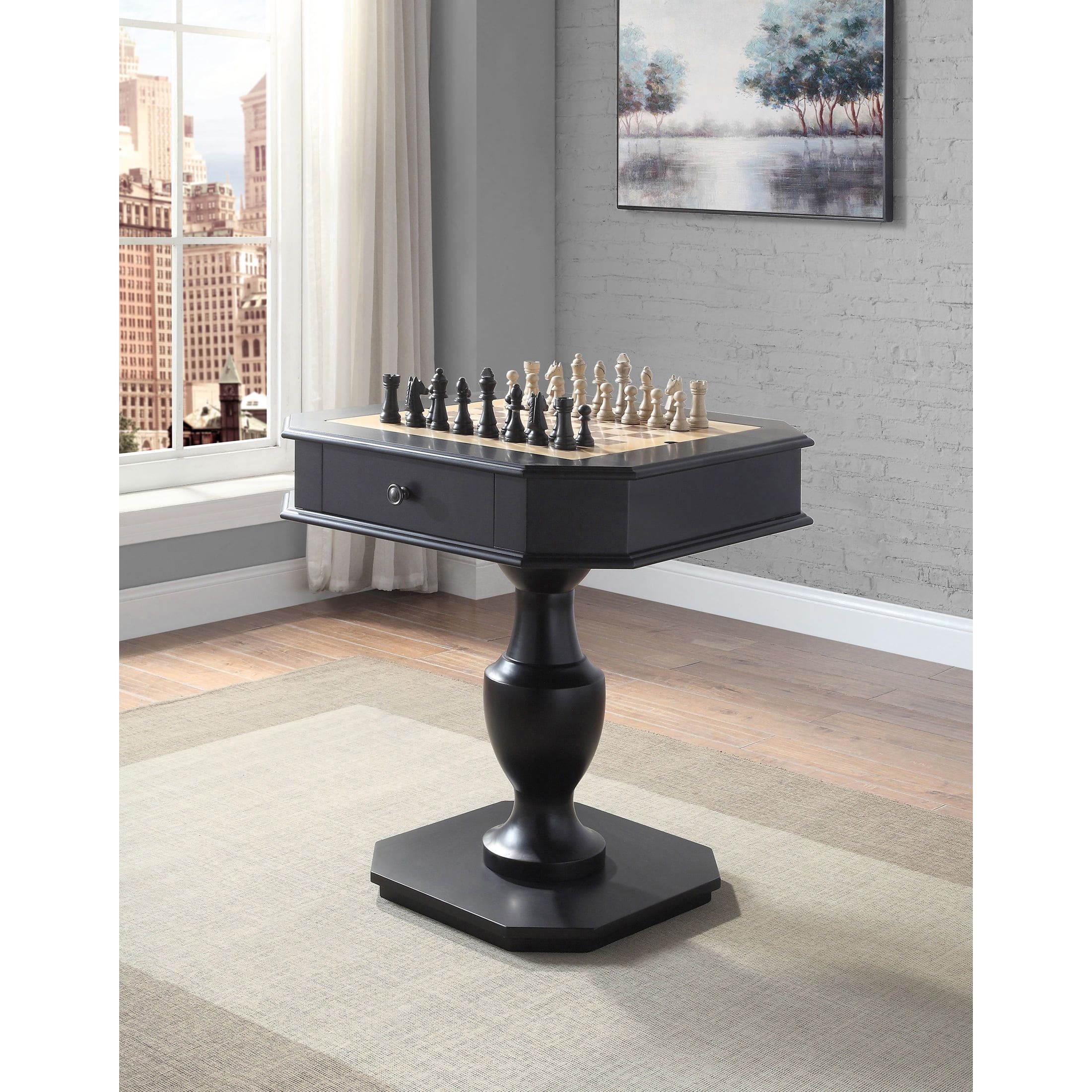 Galini Black Square Wood Game Table with Pedestal Base and Drawers
