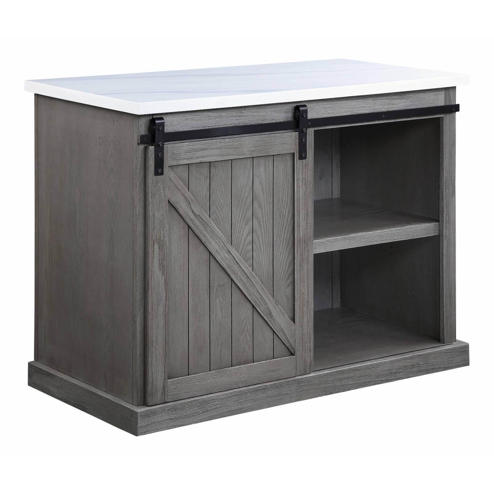 Gray Oak Kitchen Island with White Marble Top and Sliding Barn Door