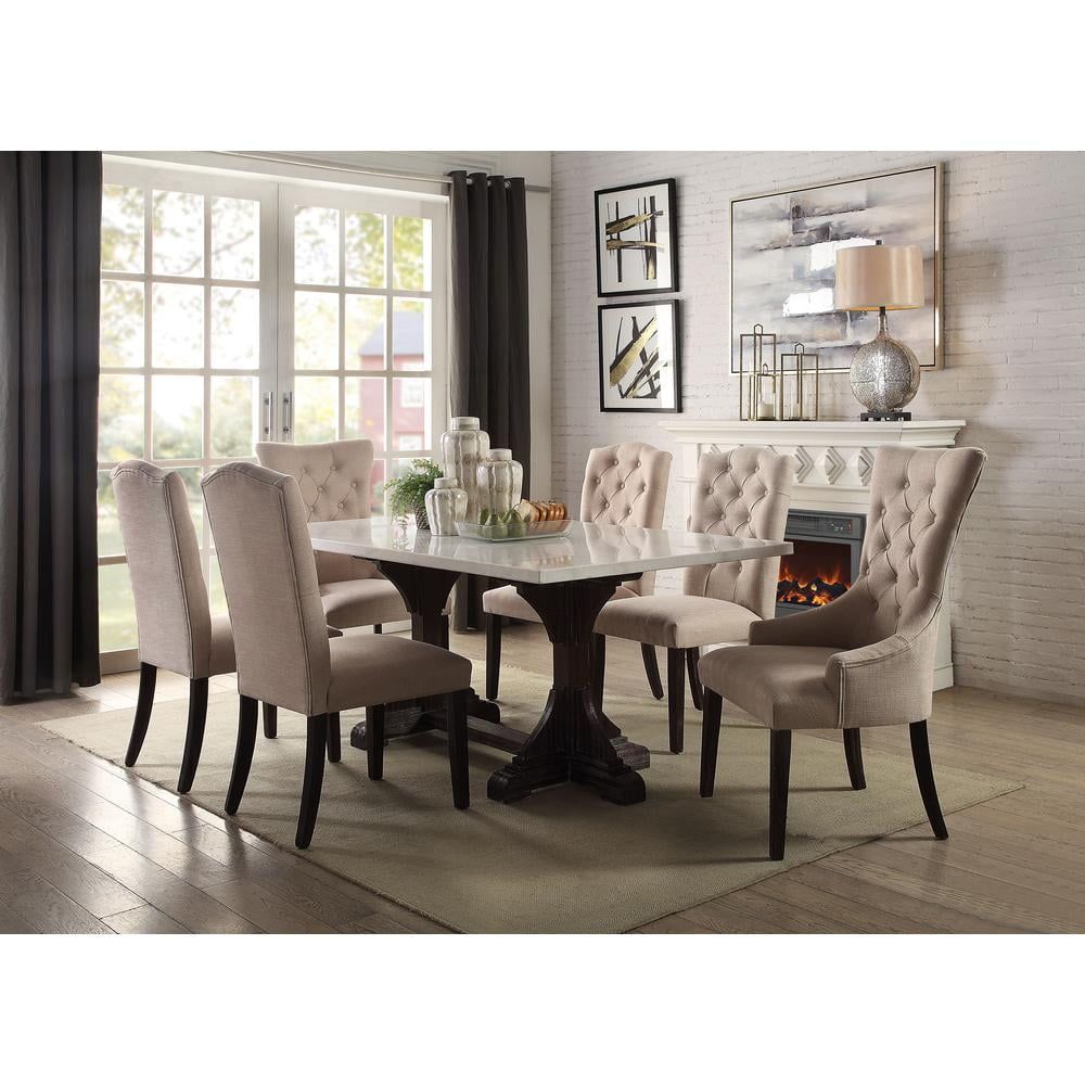 Transitional Reclaimed Wood & White Marble Dining Table, Weathered Espresso