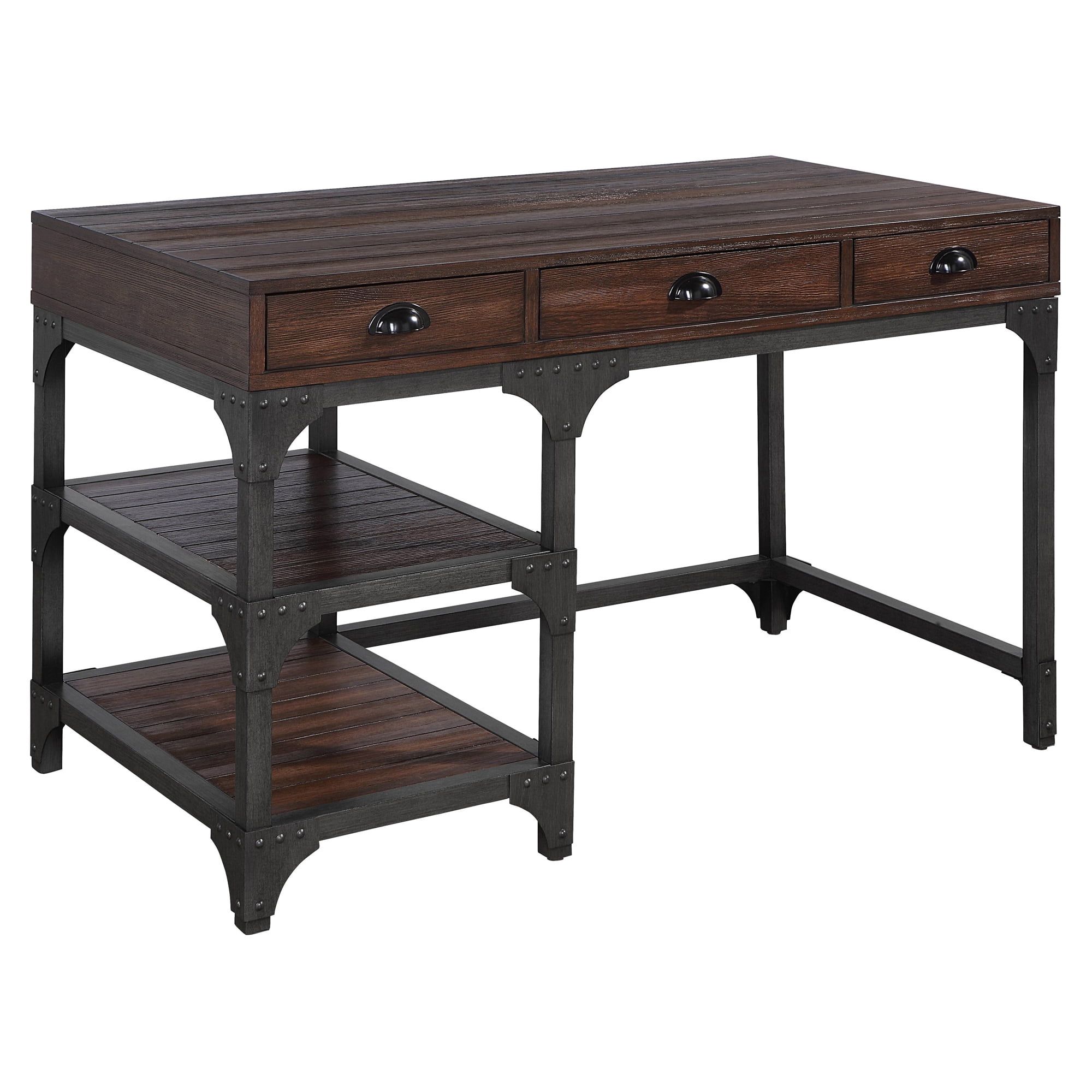 Espresso Oak and Antique Black Metal Corner Writing Desk with Drawers