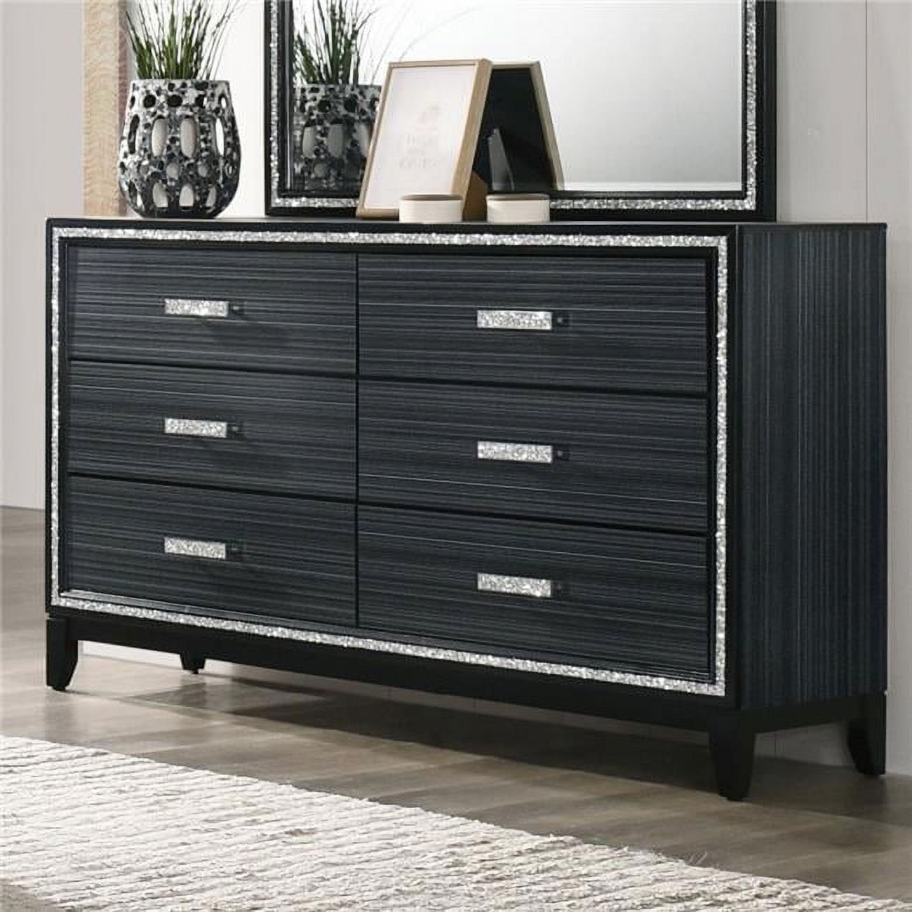 Haiden Double Black Dresser with Silver Trim and Felt Lined Drawers