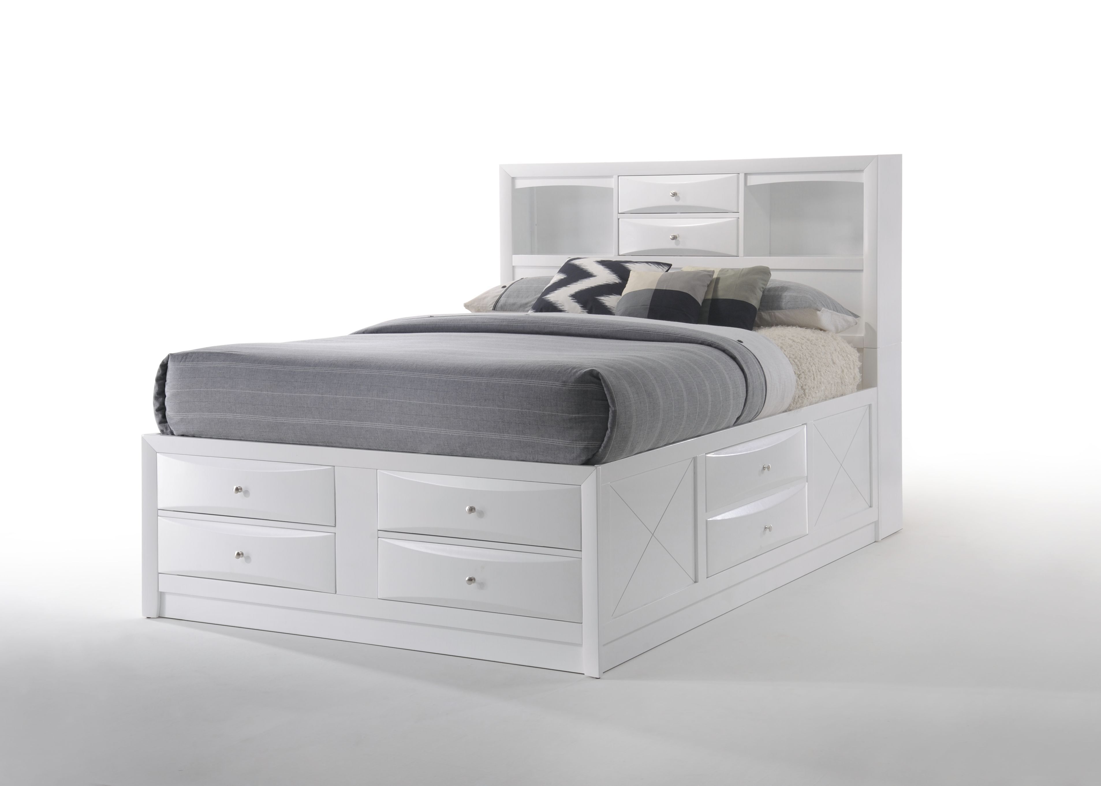 Transitional Queen Storage Bed with 8 Drawers in White Rubberwood