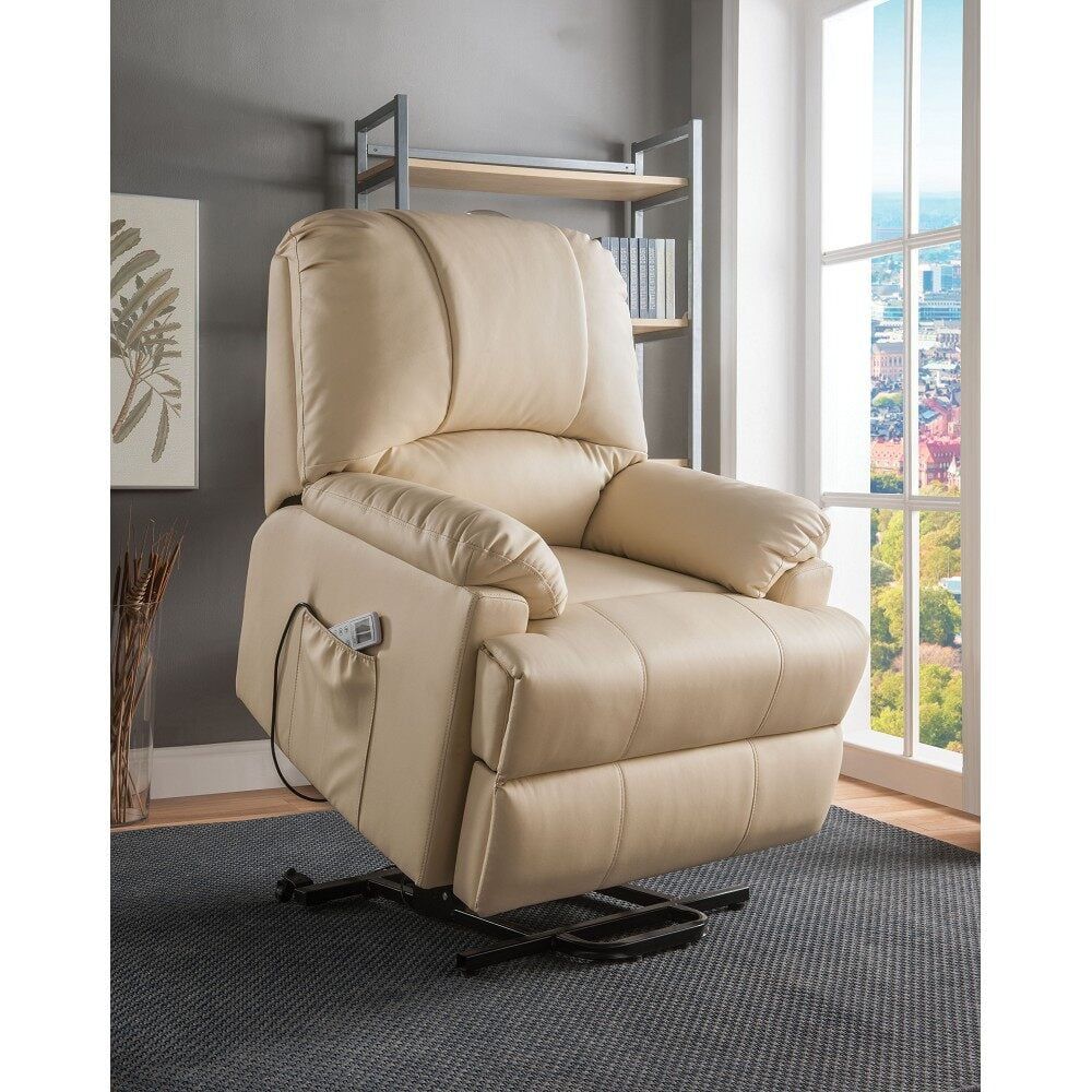 Luxurious Beige Faux Leather Massage Recliner with Power Lift