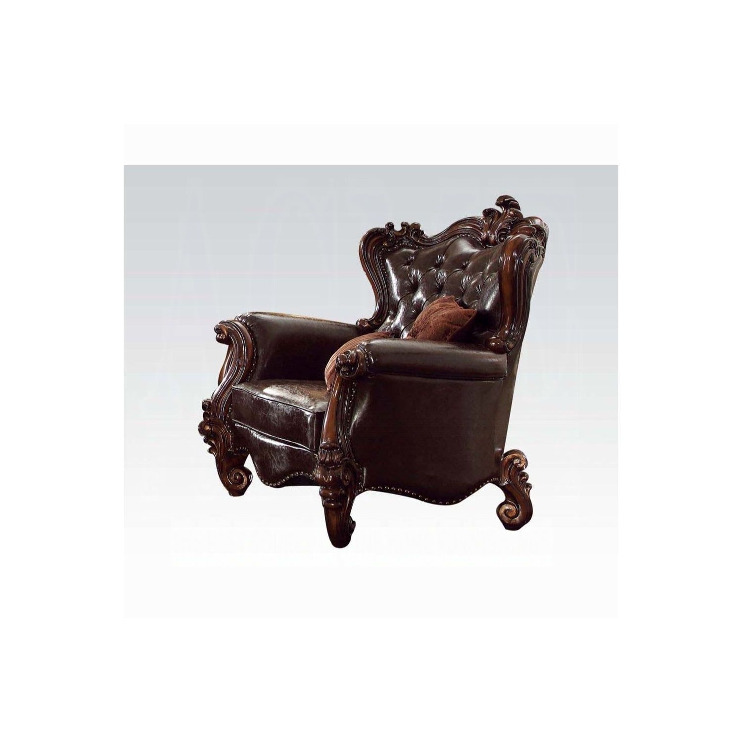 Versailles Dark Brown Faux Leather and Cherry Oak Chair with Pillows